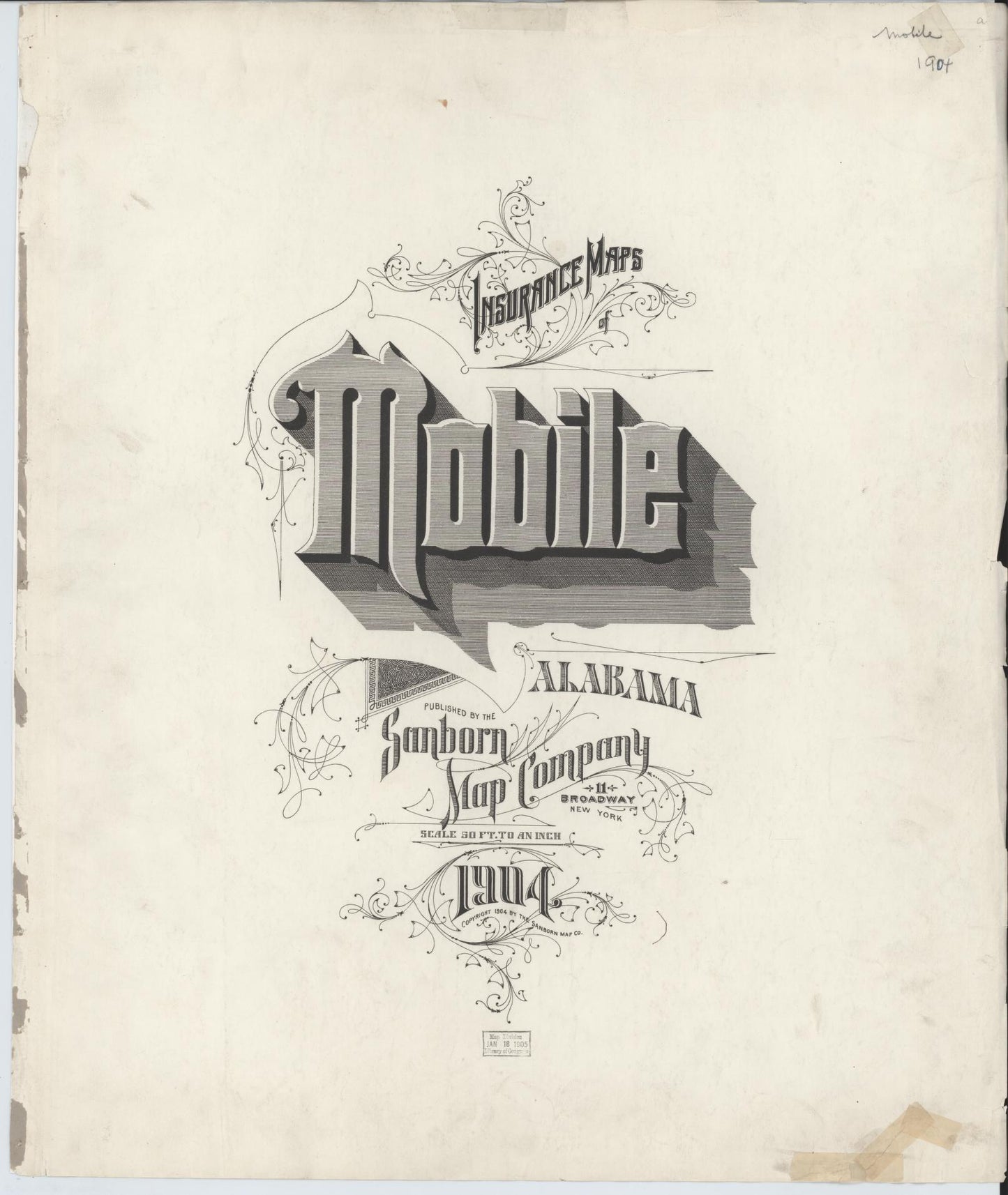 Sanborn Fire Insurance Map from Mobile, Mobile County, Alabama (1904), Sheet #0001 - Historic Sanborn Fire Insurance Map Print, vintage old map wall art, antique decor, genealogy gift, Alabama Alabama map