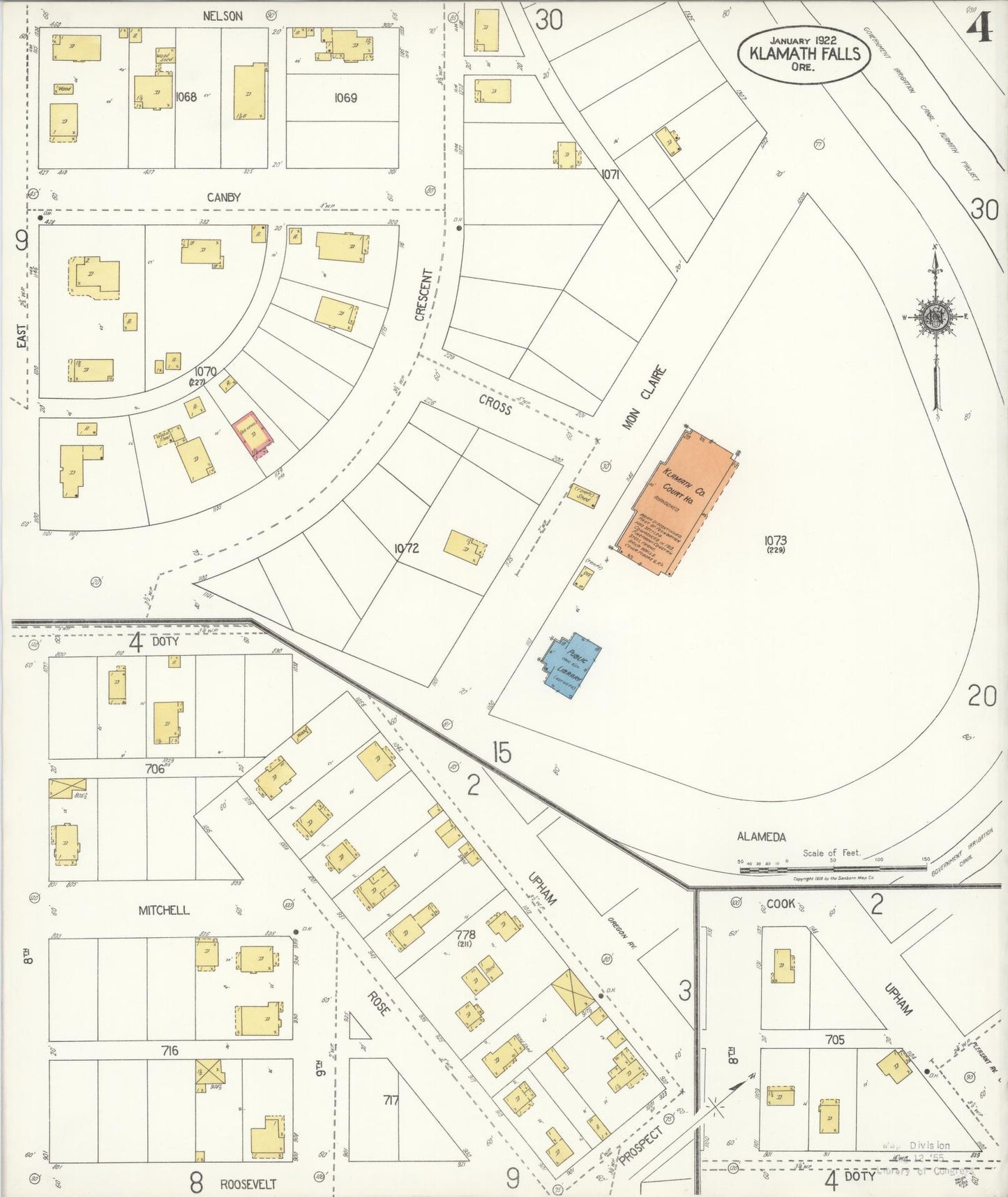 Sanborn Fire Insurance Map from Klamath Falls, Klamath County, Oregon (1921), Sheet #0004 - Historic Sanborn Fire Insurance Map Print, vintage old map wall art, antique decor, genealogy gift, Oregon Oregon map