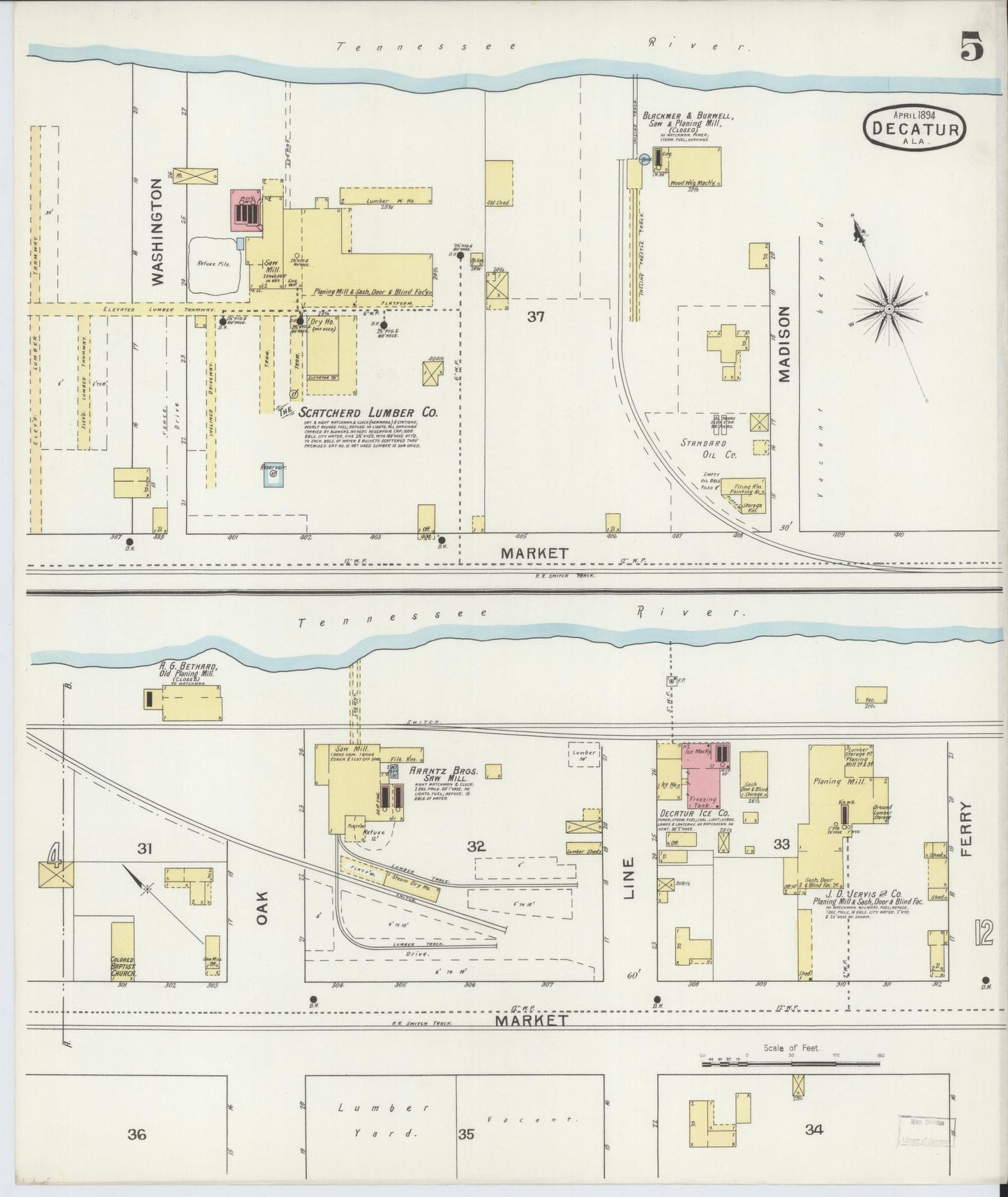 Sanborn Fire Insurance Map from Decatur, Morgan County, Alabama (1894), Sheet #0005 - Historic Sanborn Fire Insurance Map Print, vintage old map wall art, antique decor, genealogy gift, Alabama Alabama map