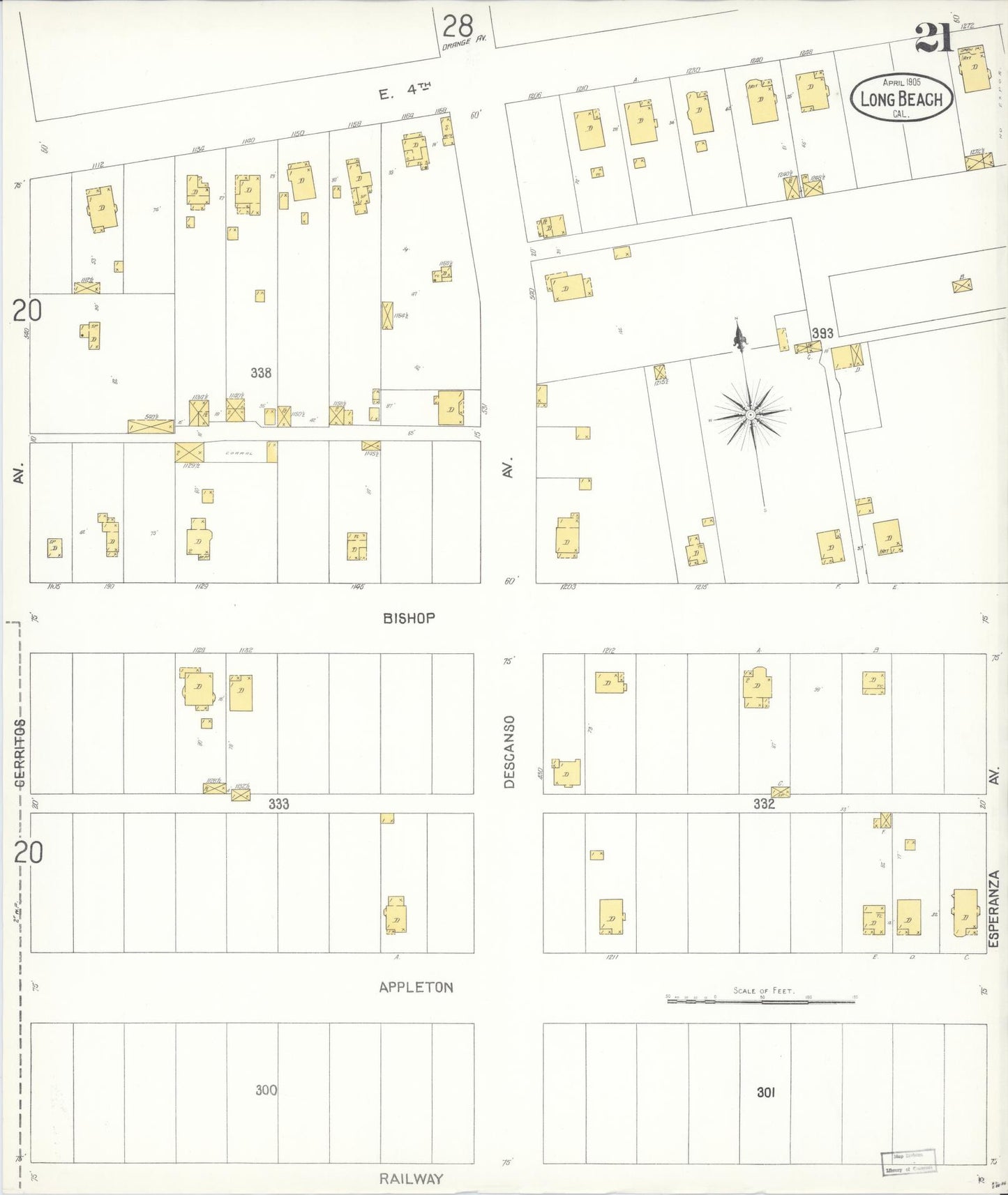Sanborn Fire Insurance Map from Long Beach, Los Angeles County, California (1905), Sheet #0021 - Historic Sanborn Fire Insurance Map Print, vintage old map wall art, antique decor, genealogy gift, California California map