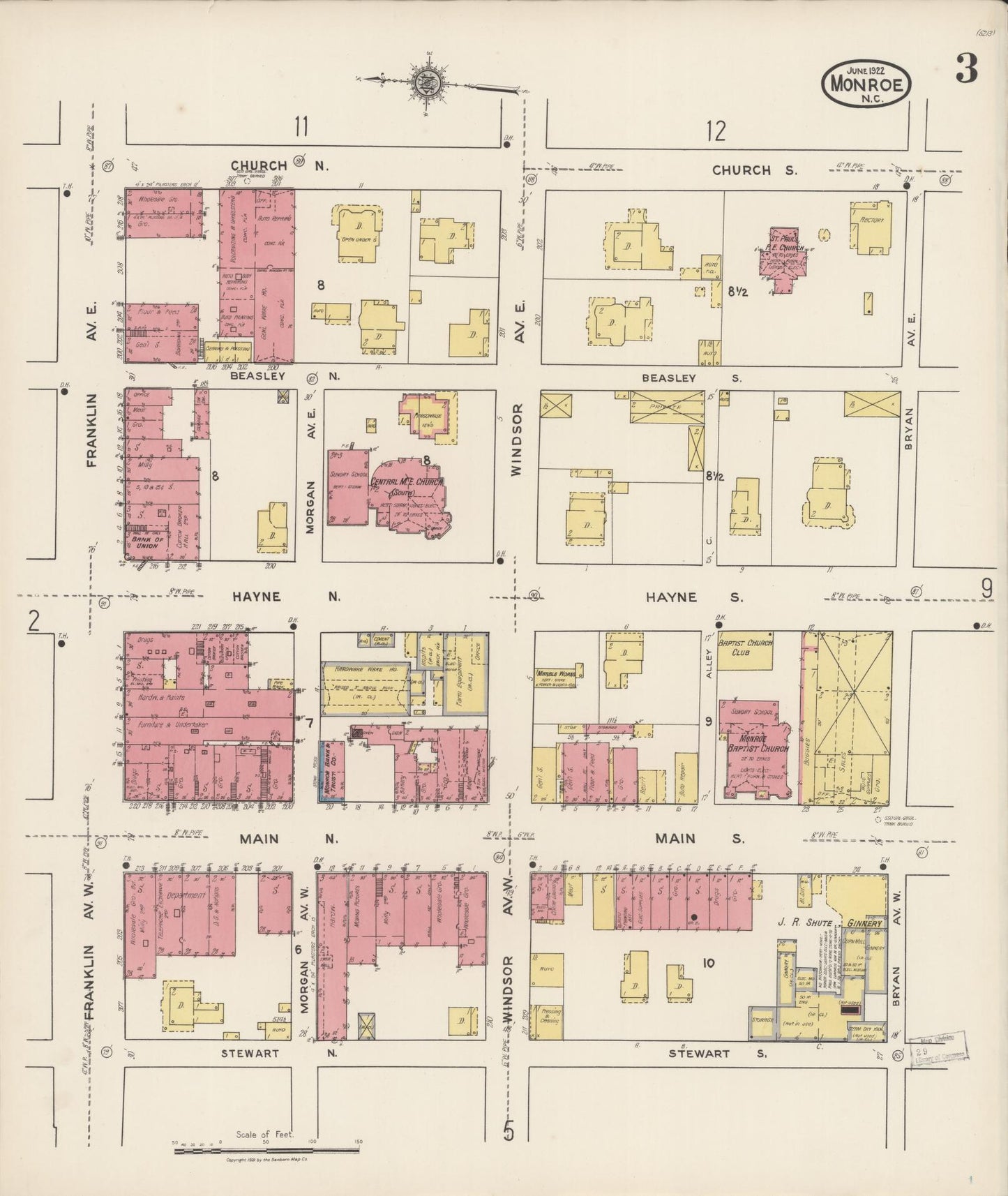 Sanborn Fire Insurance Map from Monroe, Union County, North Carolina (1922), Sheet #0003 - Historic Sanborn Fire Insurance Map Print, vintage old map wall art, antique decor, genealogy gift, North Carolina North Carolina map