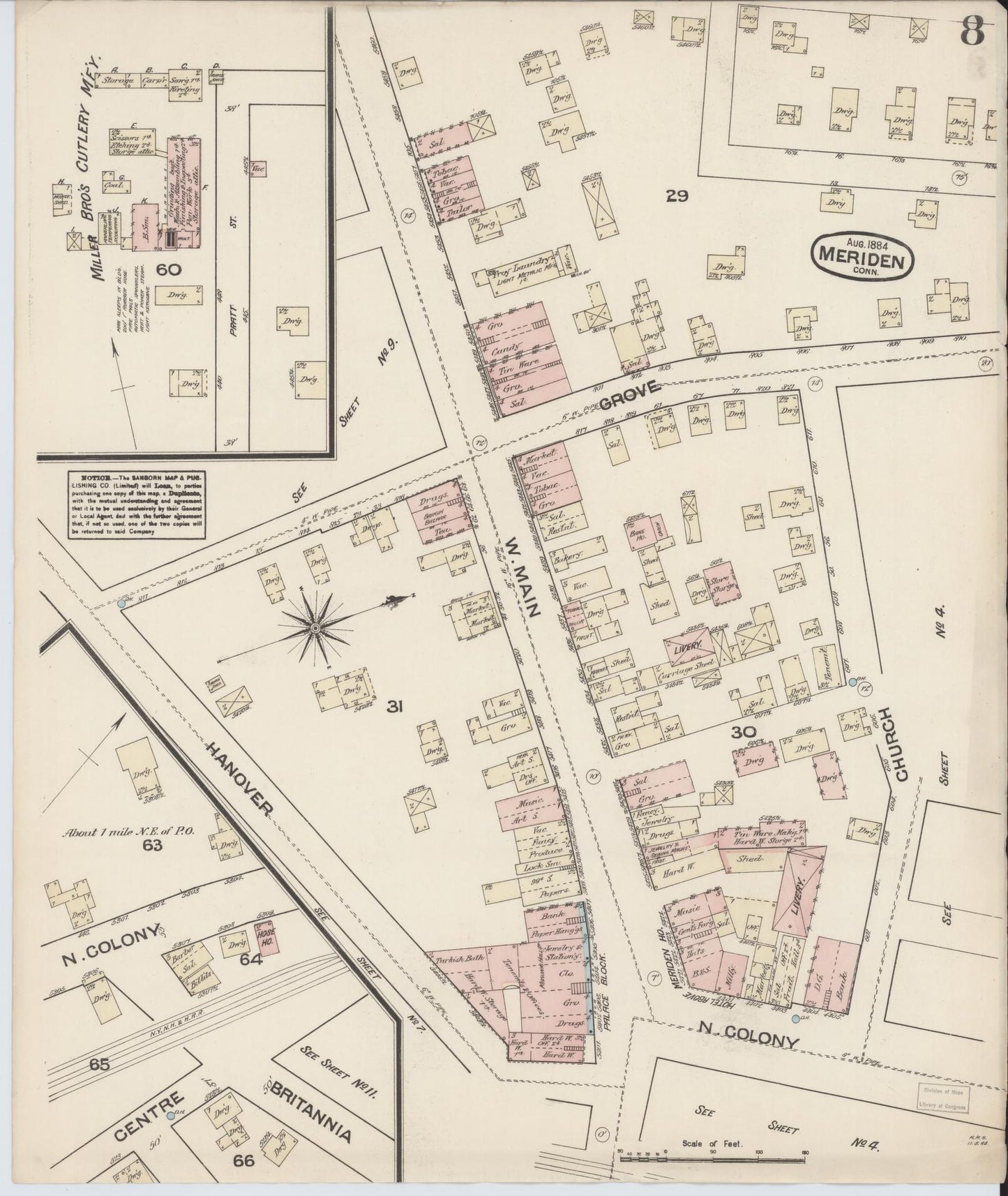 Sanborn Fire Insurance Map from Meriden, New Haven County, Connecticut (1884), Sheet #0008 - Historic Sanborn Fire Insurance Map Print, vintage old map wall art, antique decor, genealogy gift, Connecticut Connecticut map