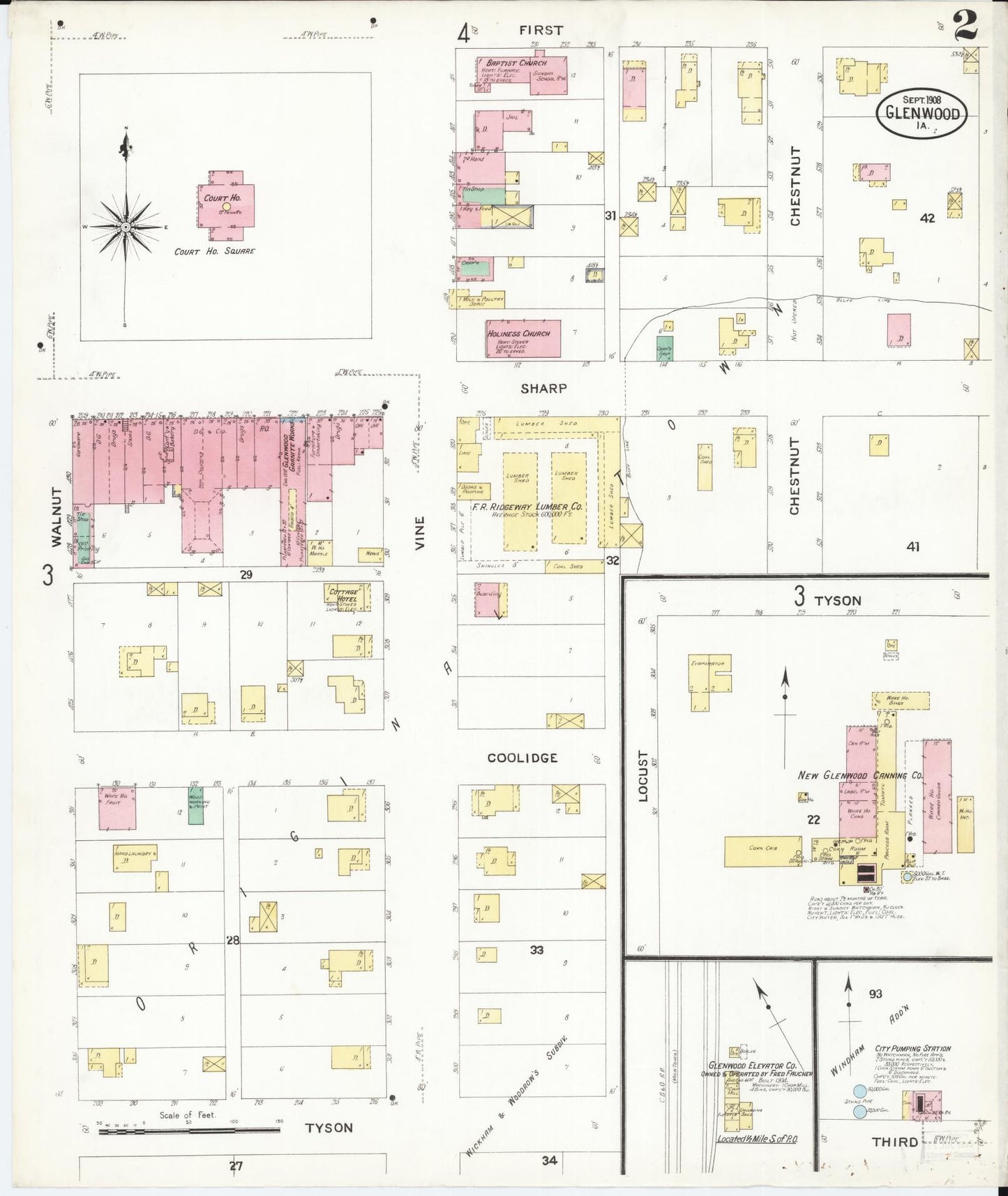 Sanborn Fire Insurance Map from Glenwood, Mills County, Iowa (1908), Sheet #0002 - Historic Sanborn Fire Insurance Map Print, vintage old map wall art
