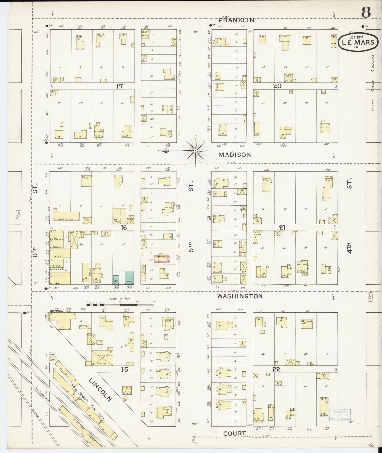 Sanborn Fire Insurance Map from Le Mars, Plymouth County, Iowa (1893), Sheet #0008 - Historic Sanborn Fire Insurance Map Print, vintage old map wall art