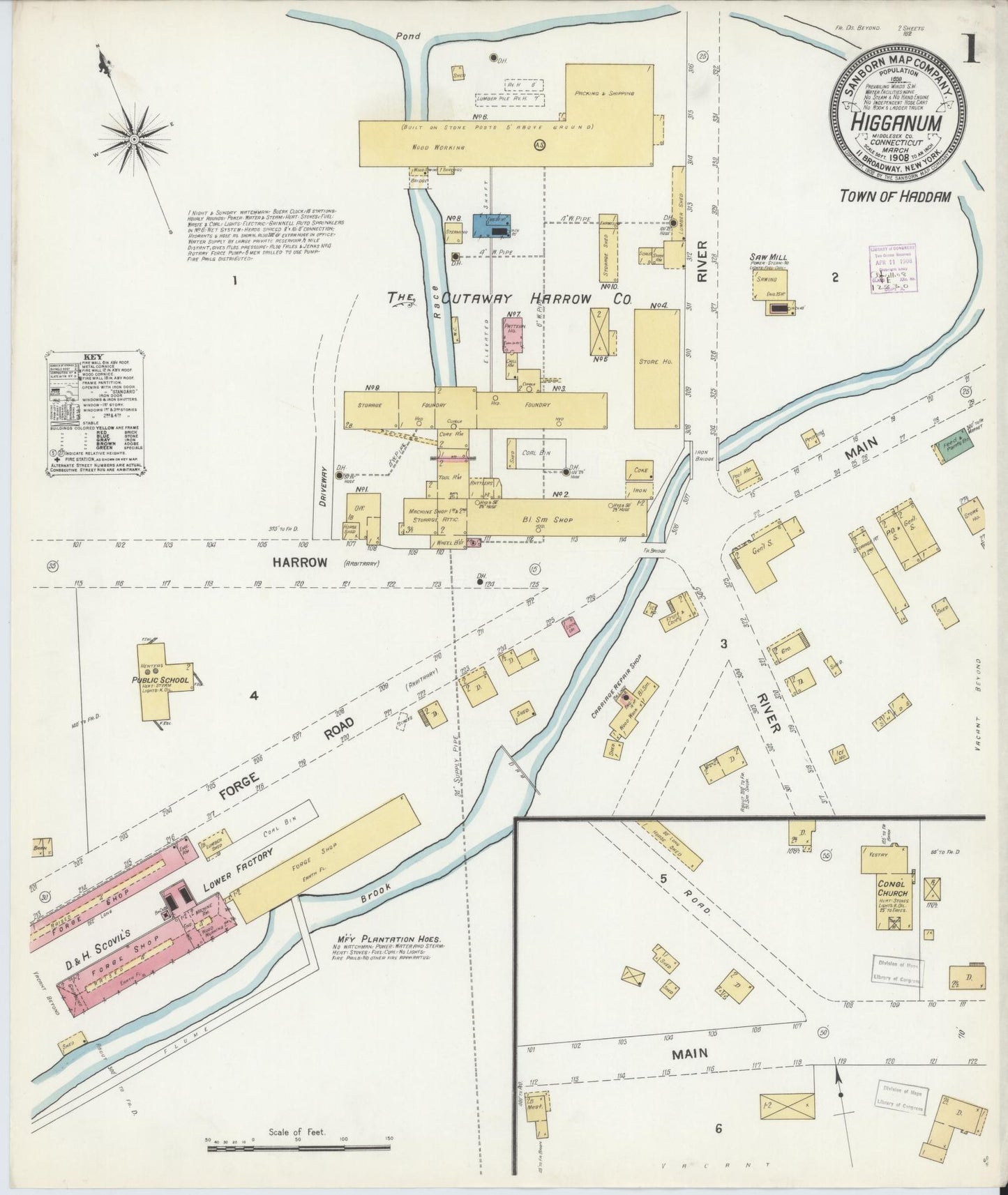 Sanborn Fire Insurance Map from Higganum, Middlesex County, Connecticut (1908), Sheet #0001 - Historic Sanborn Fire Insurance Map Print, vintage old map wall art, antique decor, genealogy gift, Connecticut Connecticut map