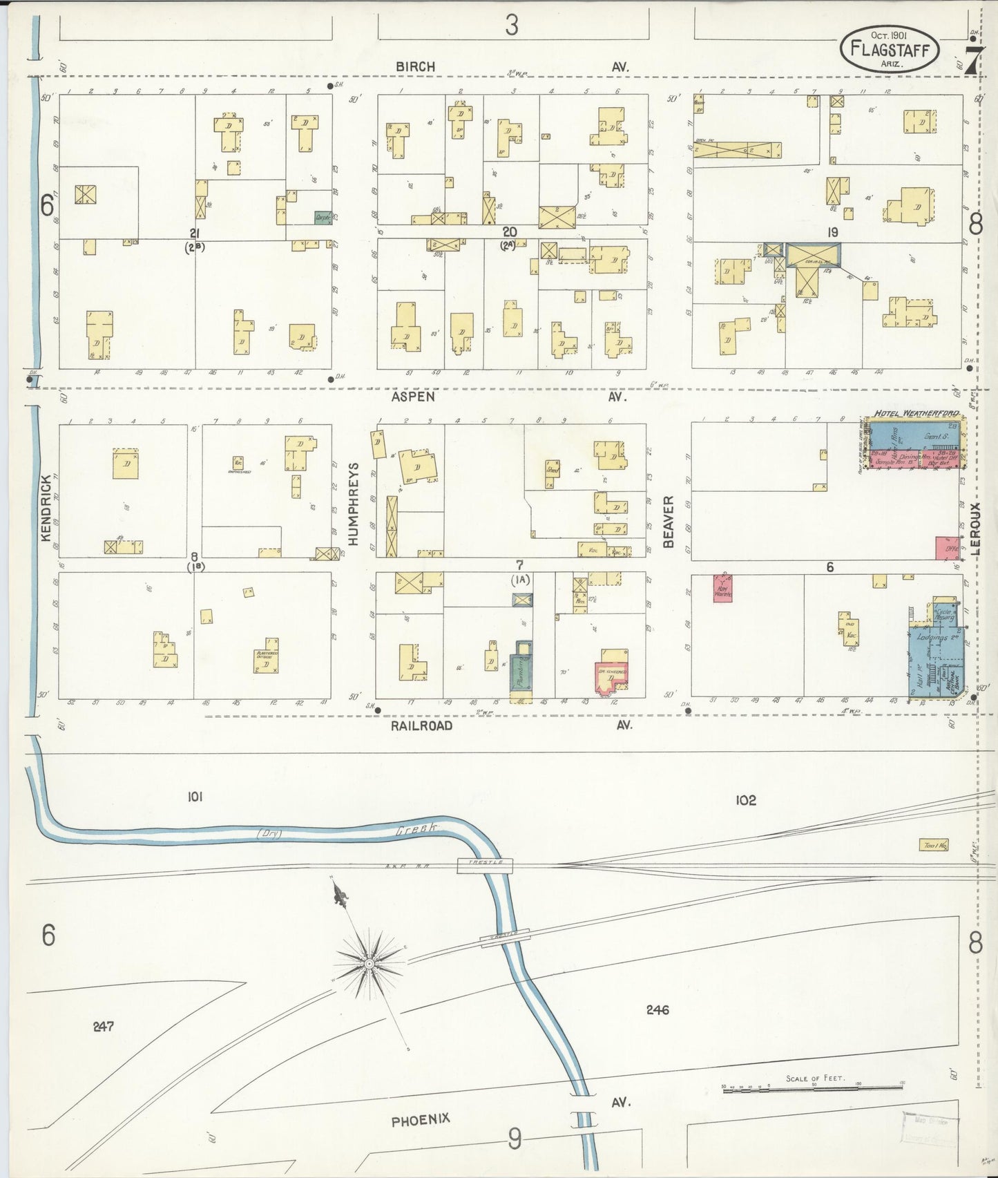 Sanborn Fire Insurance Map from Flagstaff, Coconino County, Arizona (1901), Sheet #0007 - Historic Sanborn Fire Insurance Map Print, vintage old map wall art, antique decor, genealogy gift, Arizona Arizona map