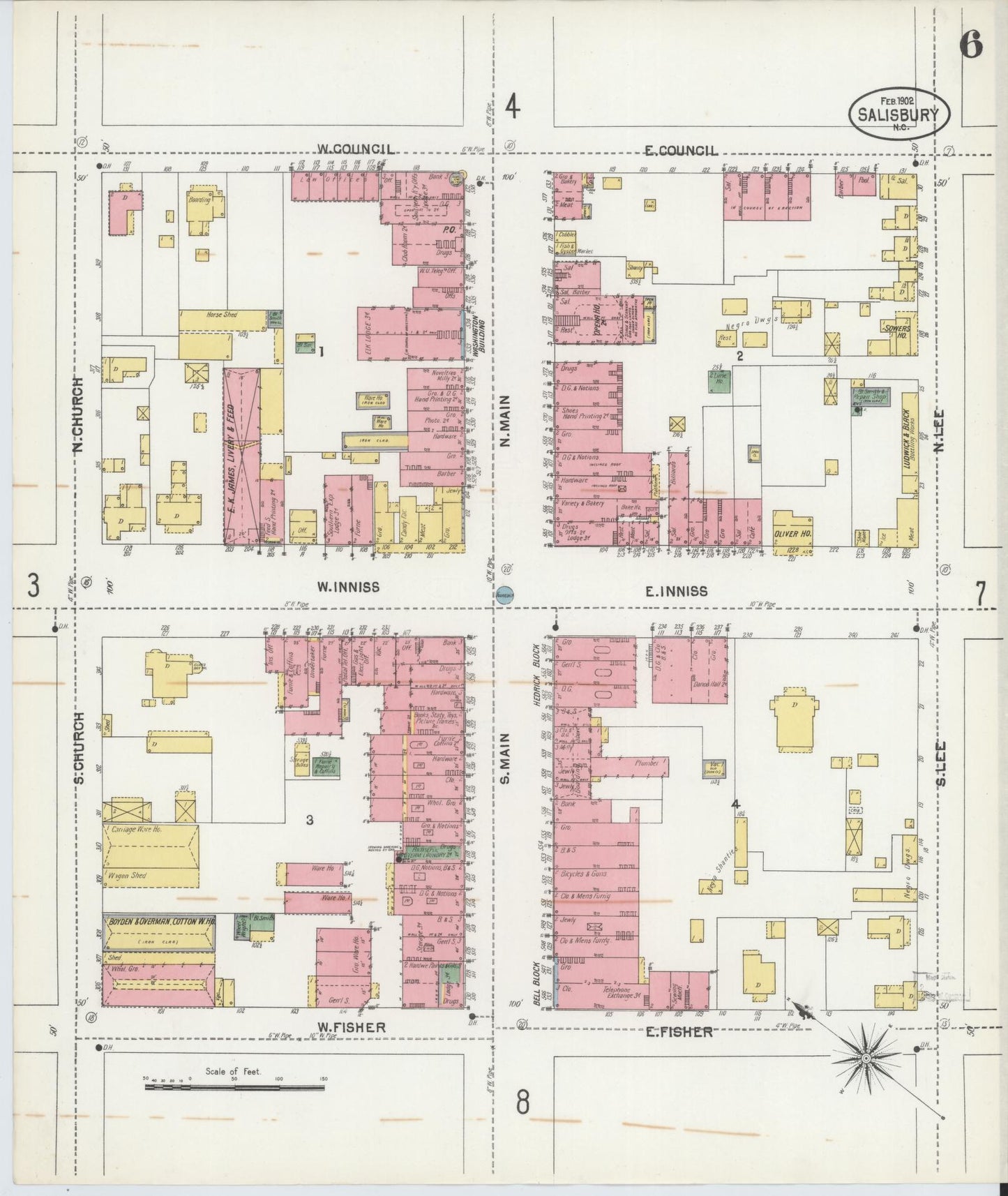 Sanborn Fire Insurance Map from Salisbury, Rowan County, North Carolina (1902), Sheet #0006 - Historic Sanborn Fire Insurance Map Print, vintage old map wall art, antique decor, genealogy gift, North Carolina North Carolina map