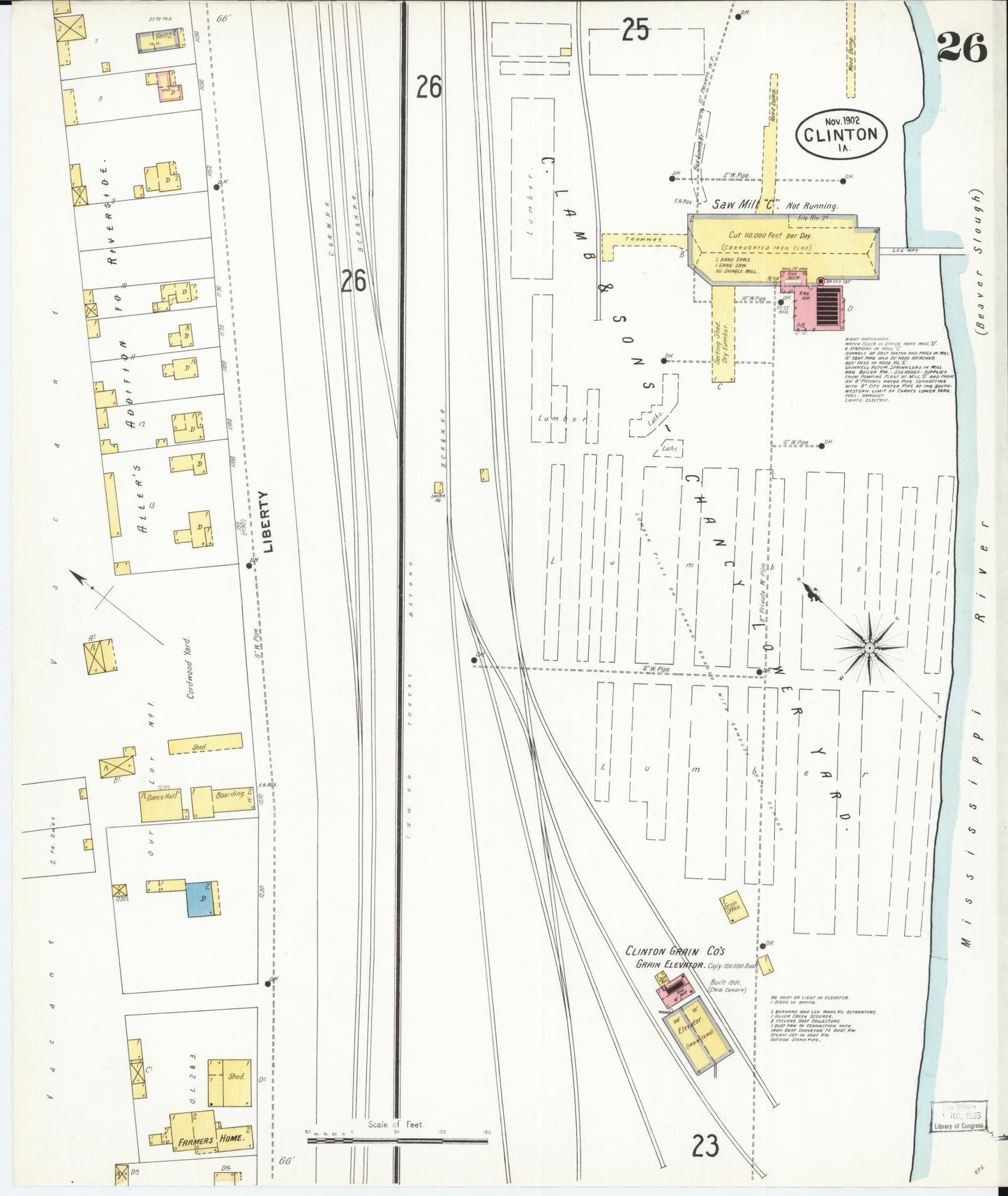 Sanborn Fire Insurance Map from Clinton, Clinton County, Iowa (1902), Sheet #0026 - Historic Sanborn Fire Insurance Map Print, vintage old map wall art