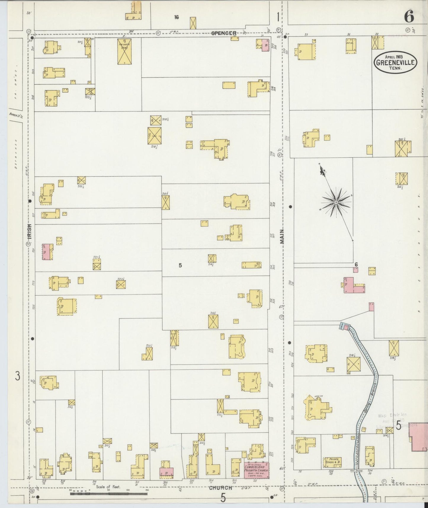 Sanborn Fire Insurance Map from Greeneville, Greene County, Tennessee (1903), Sheet #0006 - Historic Sanborn Fire Insurance Map Print, vintage old map wall art, antique decor, genealogy gift, Tennessee Tennessee map
