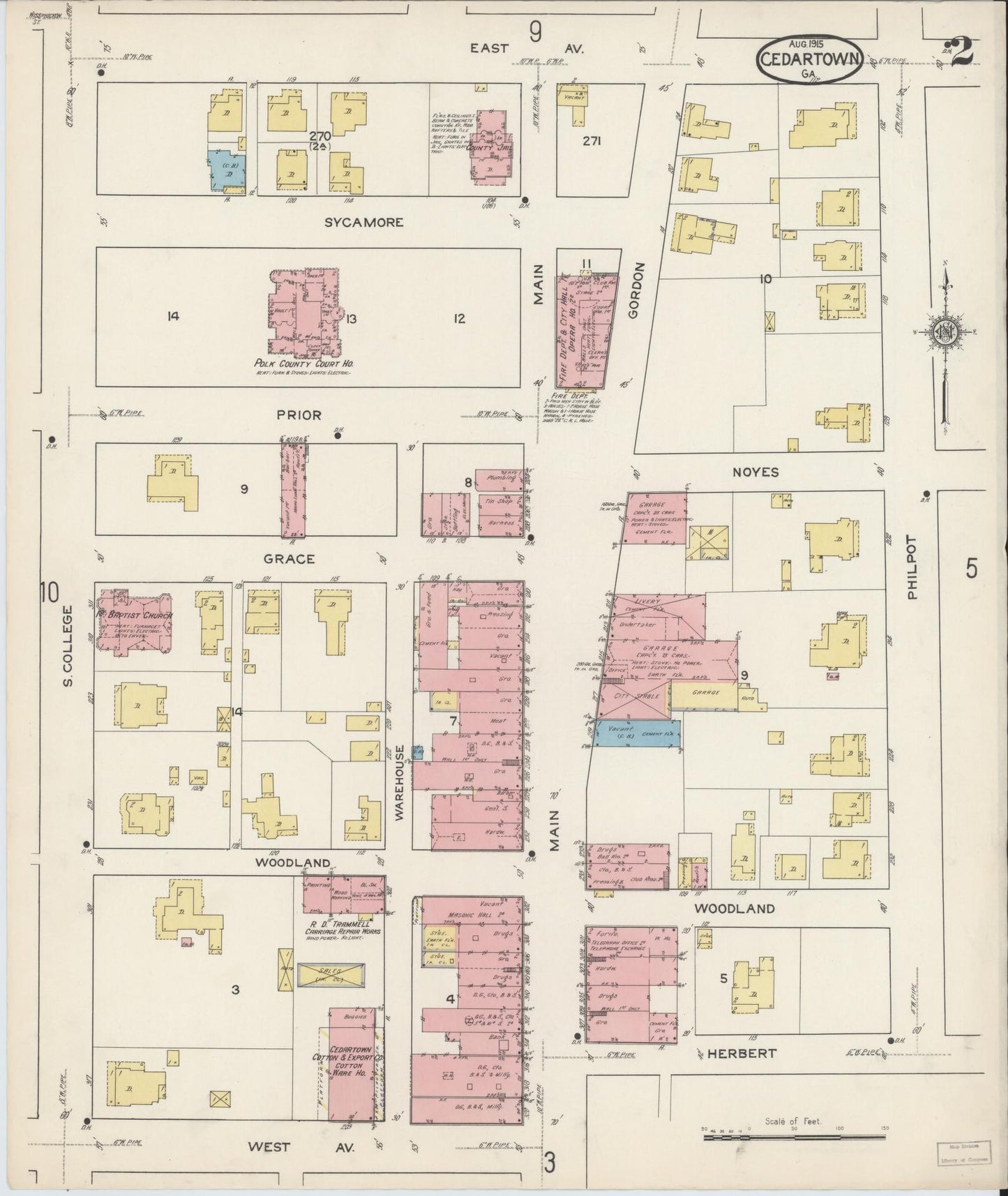 Sanborn Fire Insurance Map from Cedartown, Polk County, Georgia (1915), Sheet #0002 - Historic Sanborn Fire Insurance Map Print, vintage old map wall art, antique decor, genealogy gift, Georgia Georgia map