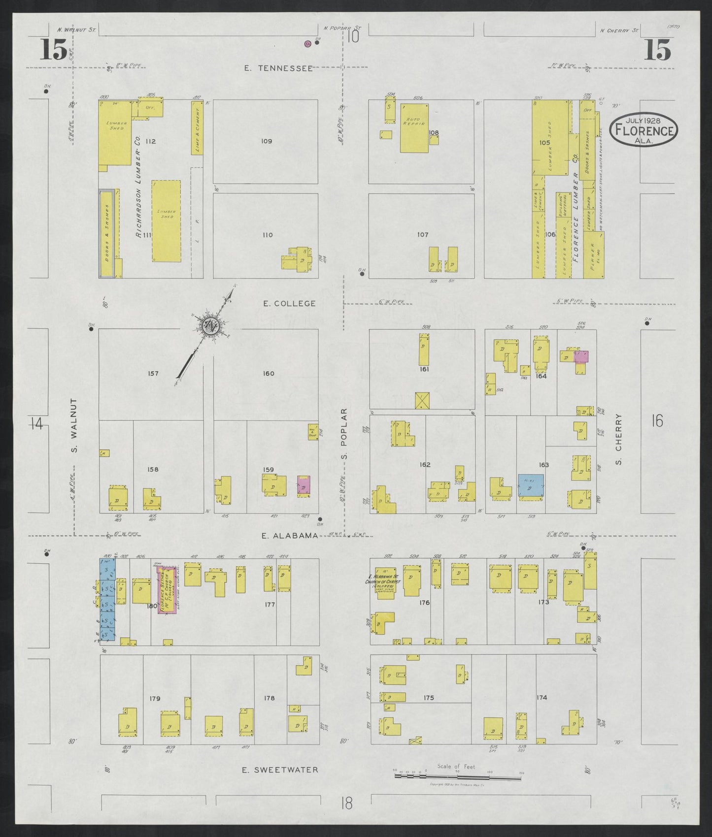 Sanborn Fire Insurance Map from Florence, Lauderdale County, Alabama (1928), Sheet #0015 - Historic Sanborn Fire Insurance Map Print, vintage old map wall art, antique decor, genealogy gift, Alabama Alabama map