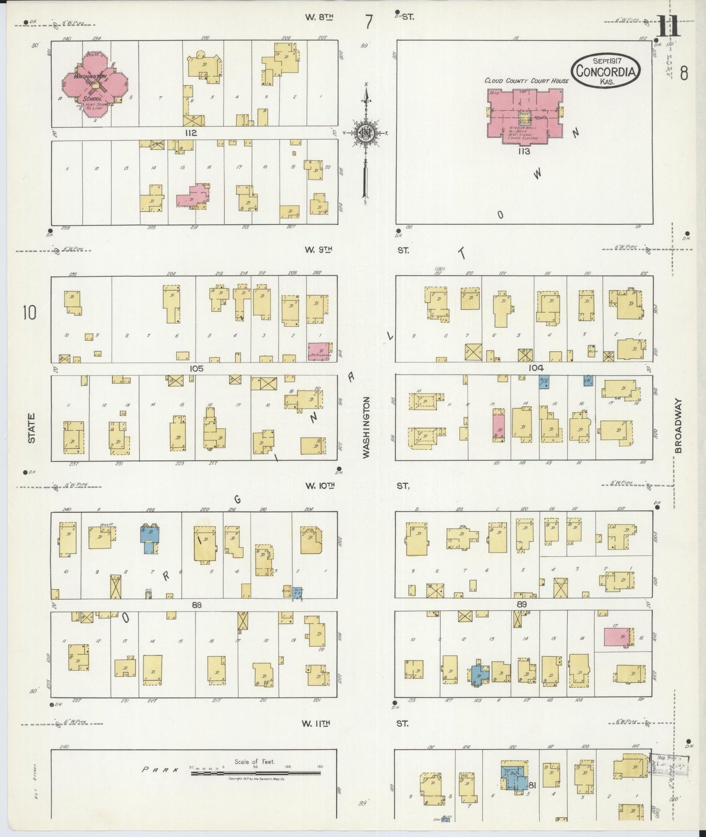 Sanborn Fire Insurance Map from Concordia, Cloud County, Kansas (1917), Sheet #0011 - Historic Sanborn Fire Insurance Map Print, vintage old map wall art, antique decor, genealogy gift, Kansas Kansas map