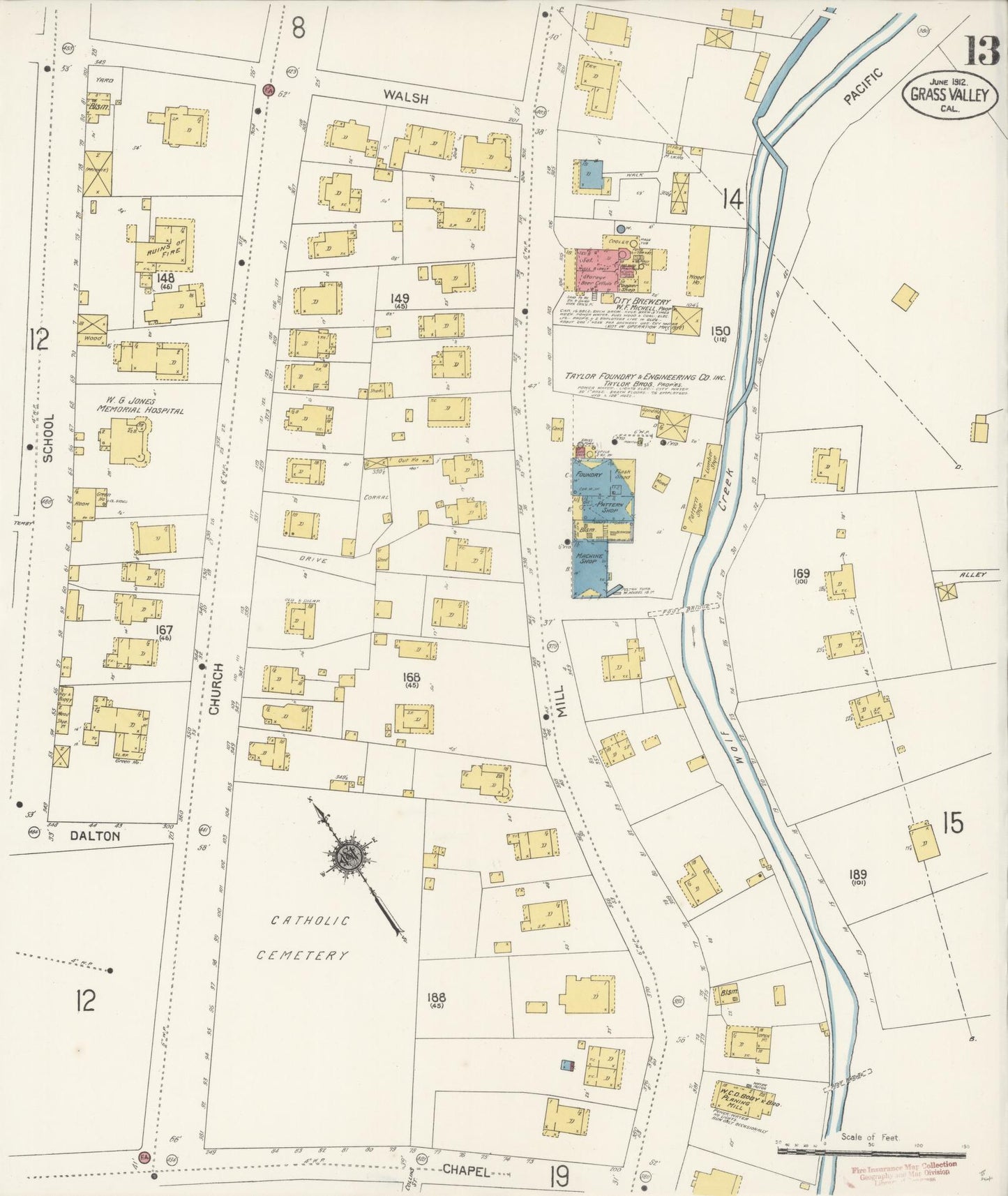 Sanborn Fire Insurance Map from Grass Valley, Nevada County, California (1912), Sheet #0013 - Historic Sanborn Fire Insurance Map Print, vintage old map wall art, antique decor, genealogy gift, California California map