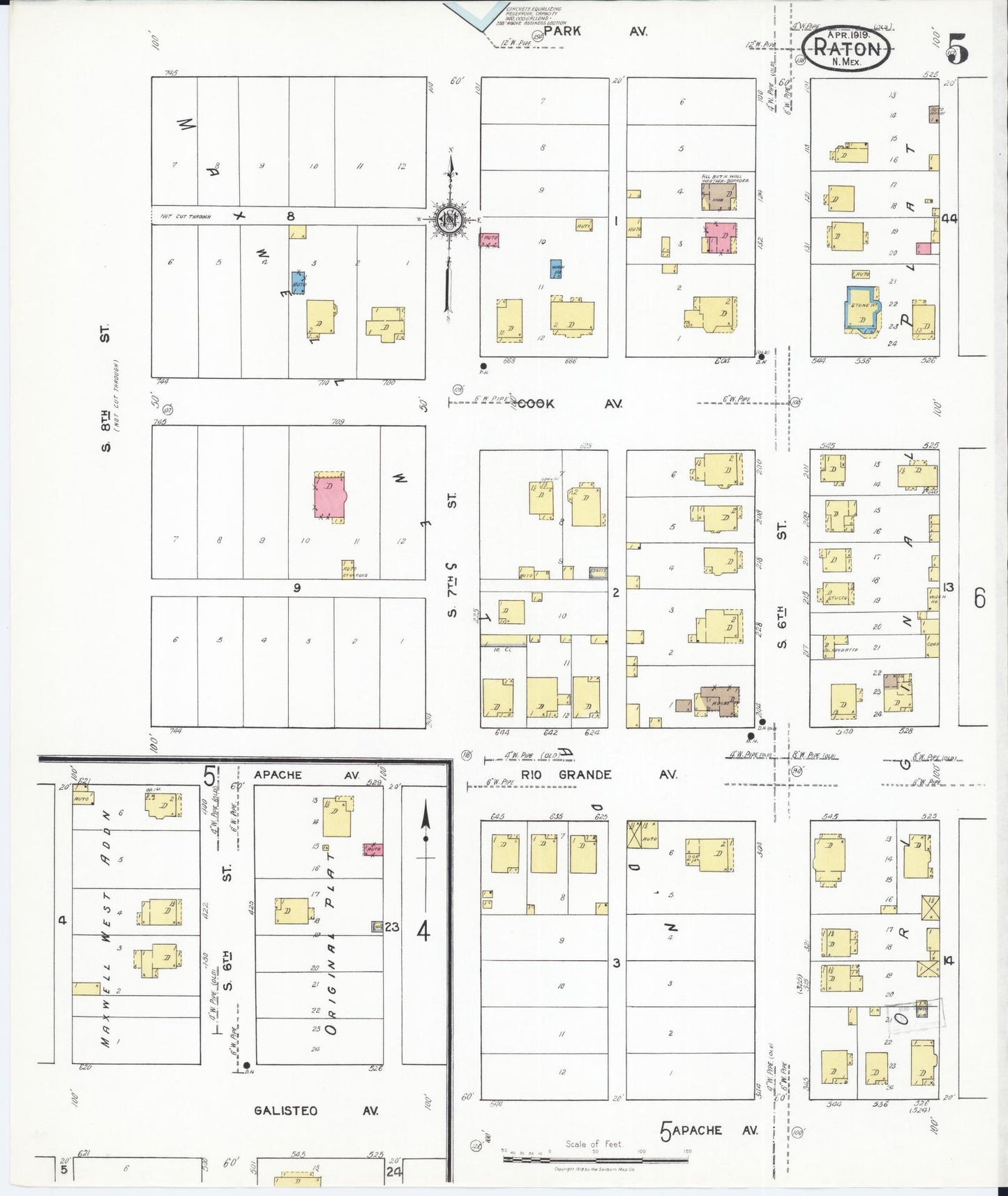 Sanborn Fire Insurance Map from Raton, Colfax County, New Mexico (1919), Sheet #0005 - Historic Sanborn Fire Insurance Map Print, vintage old map wall art, antique decor, genealogy gift, New Mexico New Mexico map