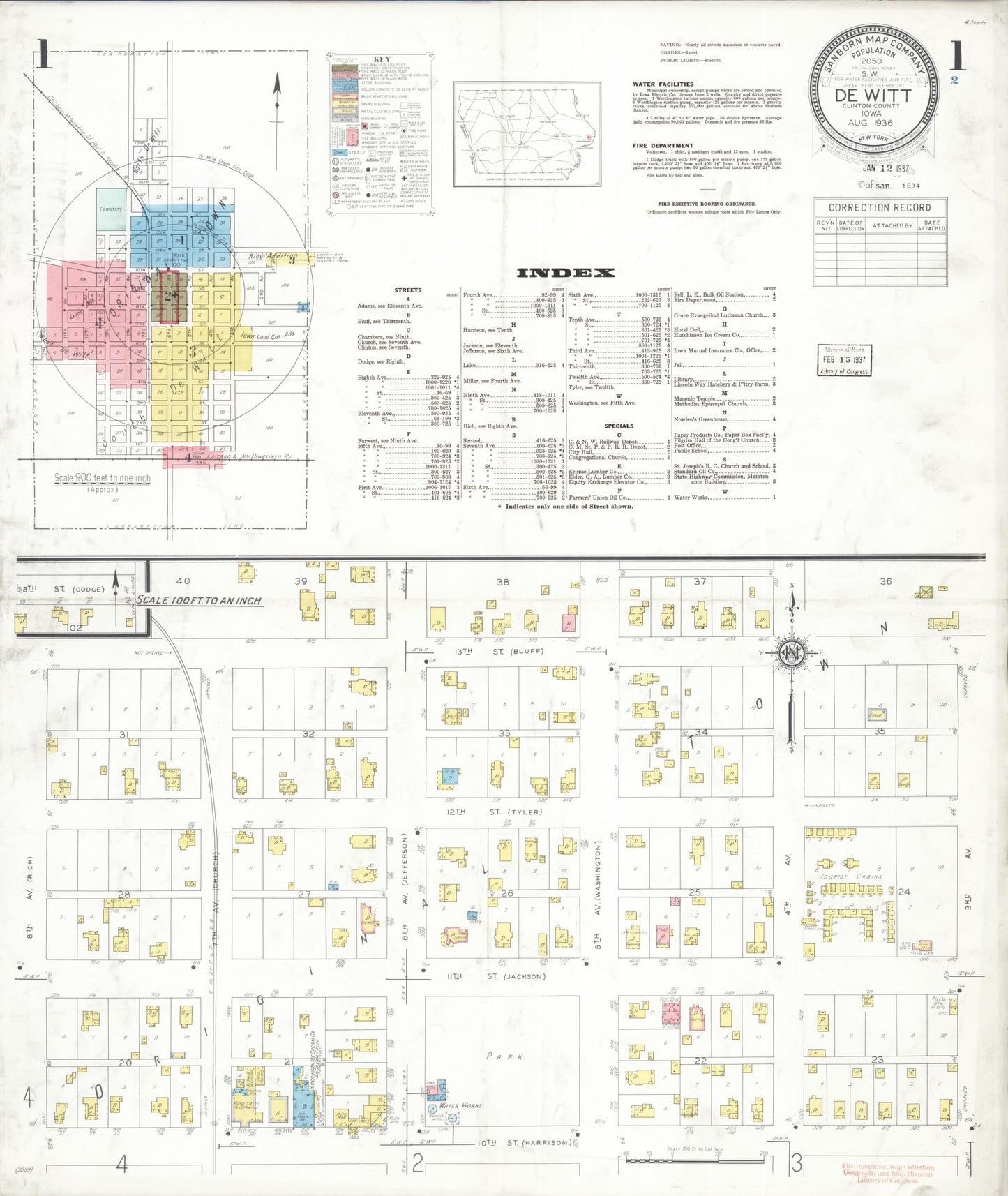 Sanborn Fire Insurance Map from De Witt, Clinton County, Iowa (1936), Sheet #0001 - Historic Sanborn Fire Insurance Map Print, vintage old map wall art
