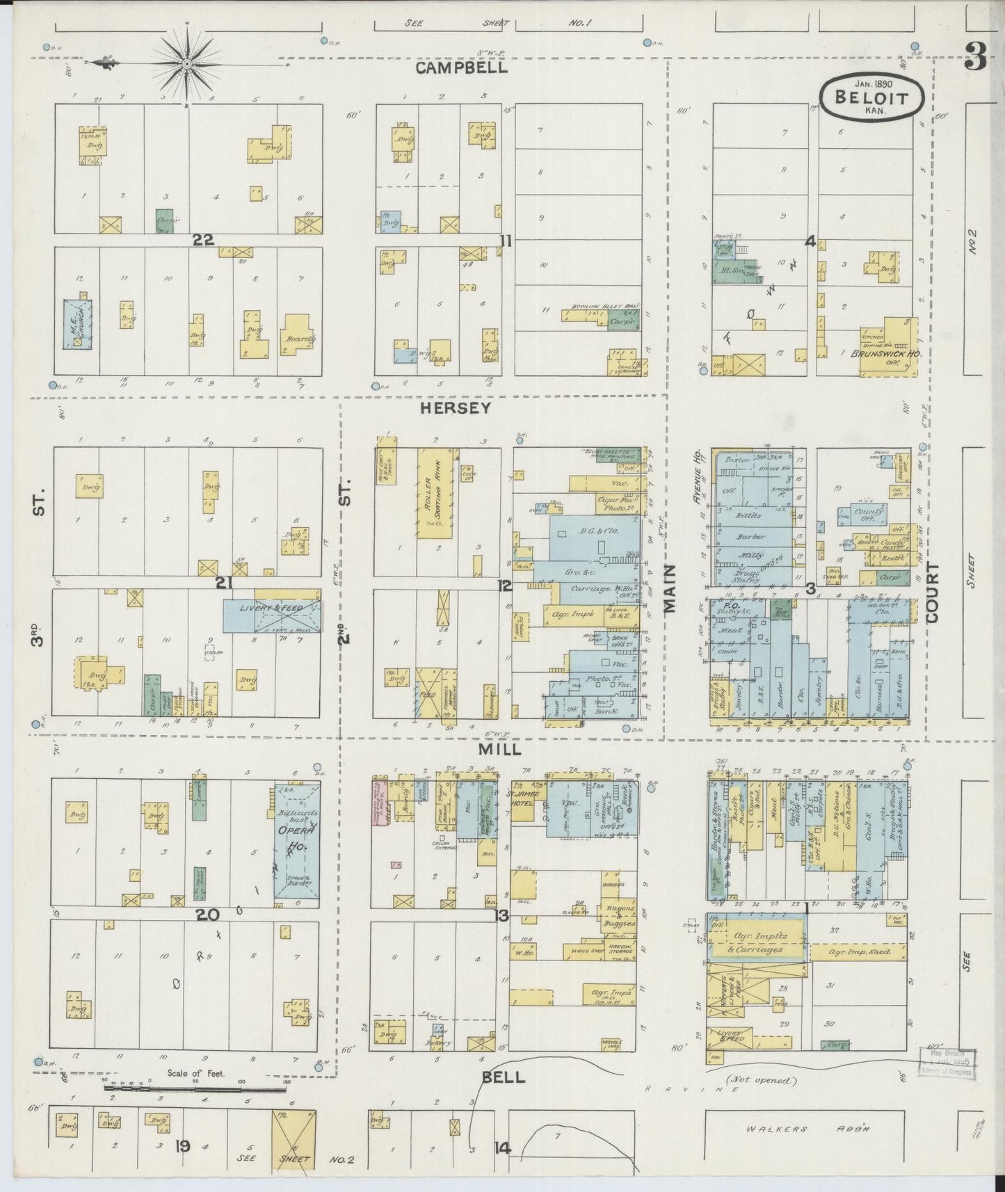 Sanborn Fire Insurance Map from Beloit, Mitchell County, Kansas (1890), Sheet #0003 - Complete Map Set gallery image, historic Sanborn map, vintage wall art, Kansas Kansas