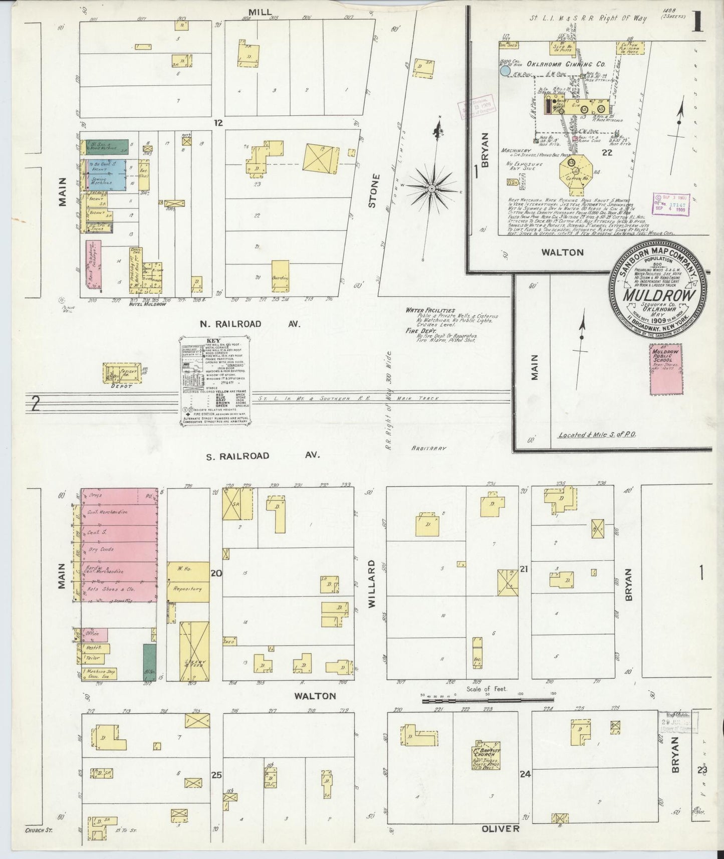 Sanborn Fire Insurance Map from Muldrow, Sequoyah County, Oklahoma (1909), Sheet #0001 - Historic Sanborn Fire Insurance Map Print, vintage old map wall art, antique decor, genealogy gift, Oklahoma Oklahoma map
