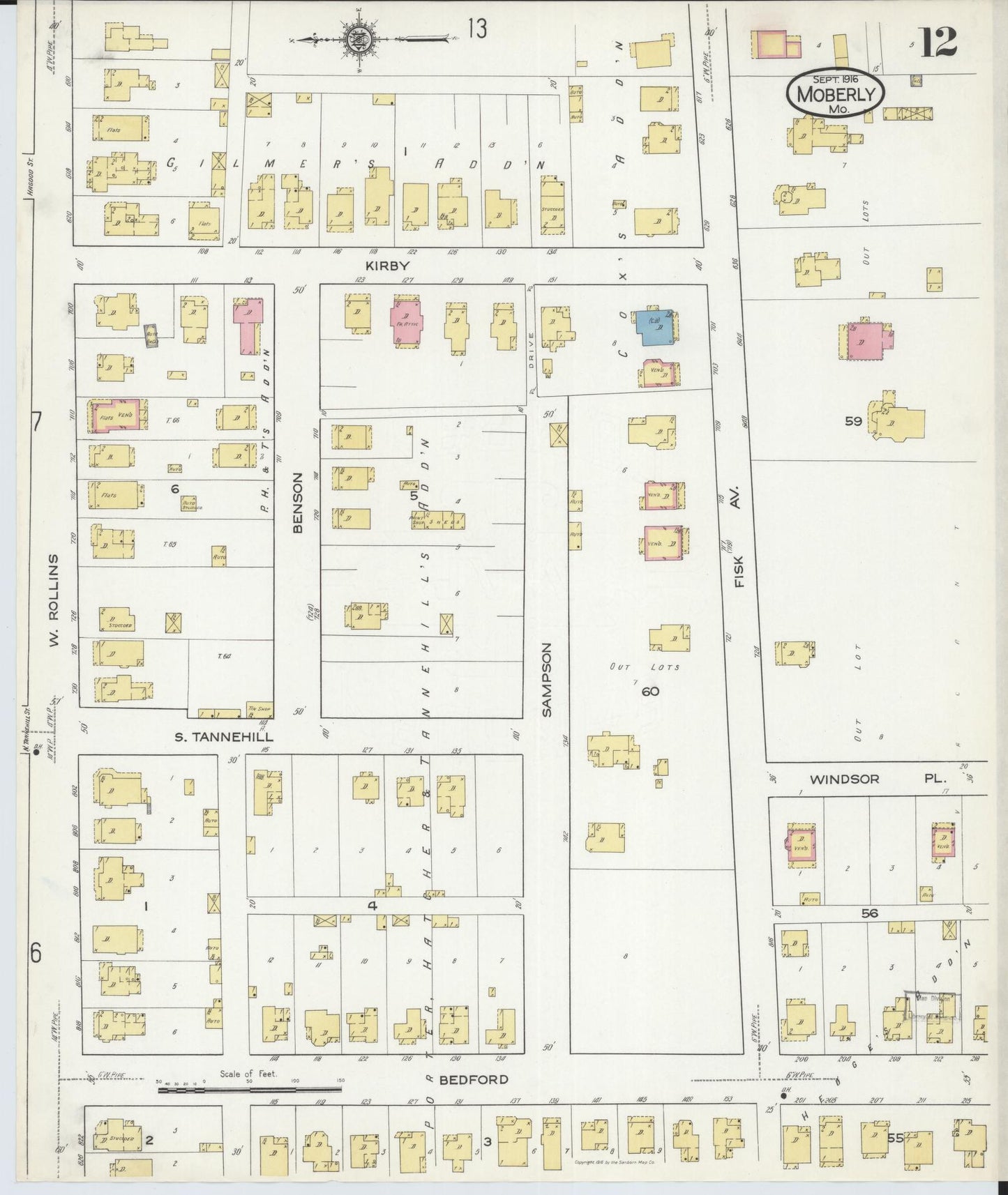 Sanborn Fire Insurance Map from Moberly, Randolph County, Missouri (1916), Sheet #0012 - Historic Sanborn Fire Insurance Map Print, vintage old map wall art, antique decor, genealogy gift, Missouri Missouri map
