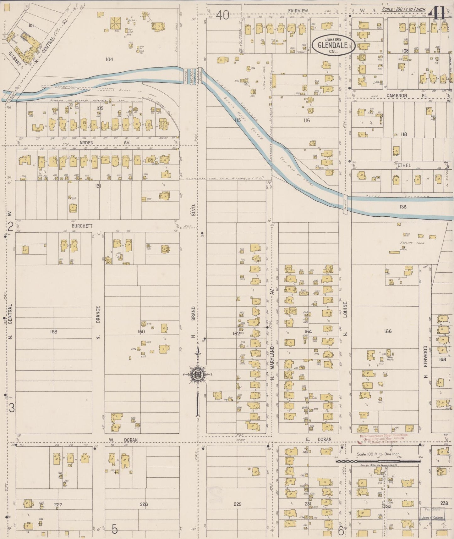 Sanborn Fire Insurance Map from Glendale, Los Angeles County, California (1919), Sheet #0041 - Historic Sanborn Fire Insurance Map Print, vintage old map wall art, antique decor, genealogy gift, California California map