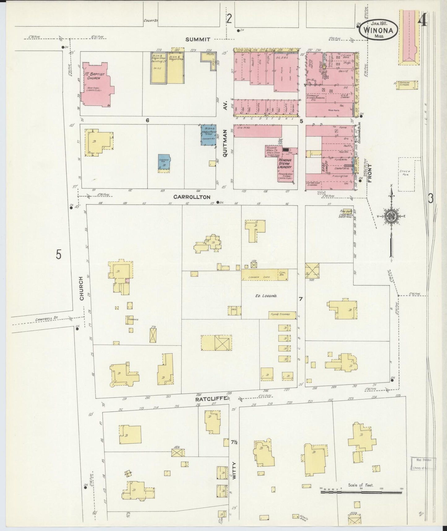 Sanborn Fire Insurance Map from Winona, Montgomery County, Mississippi (1911), Sheet #0004 - Historic Sanborn Fire Insurance Map Print, vintage old map wall art, antique decor, genealogy gift, Mississippi Mississippi map
