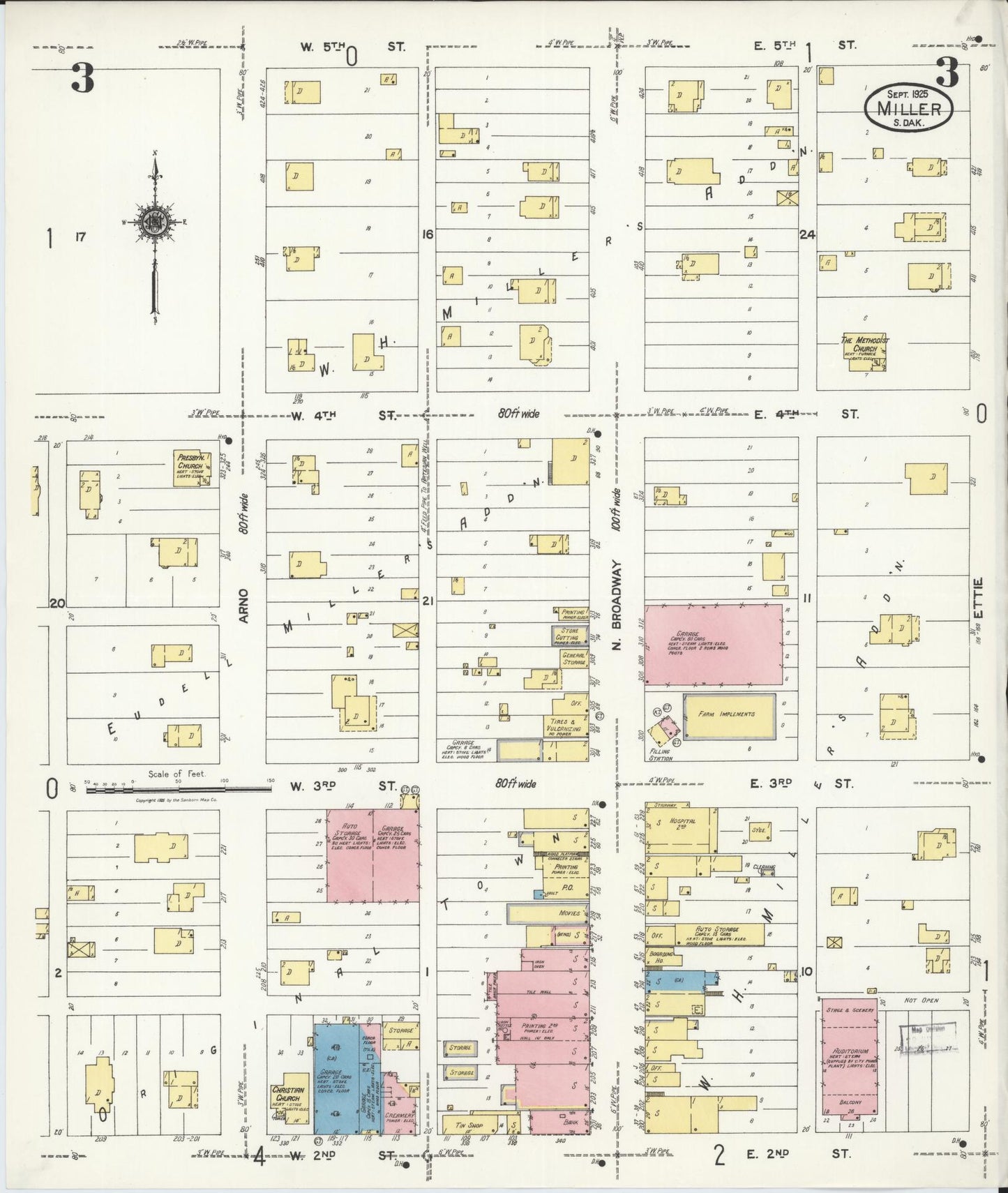 Sanborn Fire Insurance Map from Miller, Hand County, South Dakota (1925), Sheet #0003 - Historic Sanborn Fire Insurance Map Print, vintage old map wall art, antique decor, genealogy gift, South Dakota South Dakota map