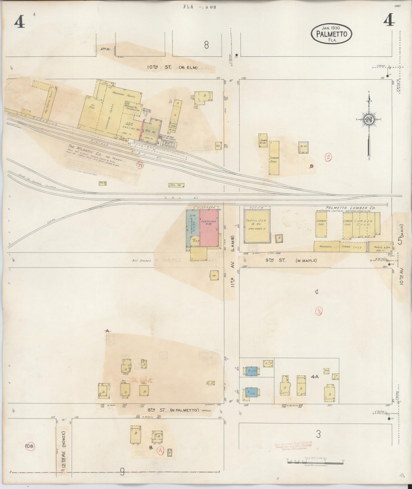 Sanborn Fire Insurance Map from Palmetto, Manatee County, Florida (1944), Sheet #0004 - Historic Sanborn Fire Insurance Map Print, vintage old map wall art, antique decor, genealogy gift, Florida Florida map