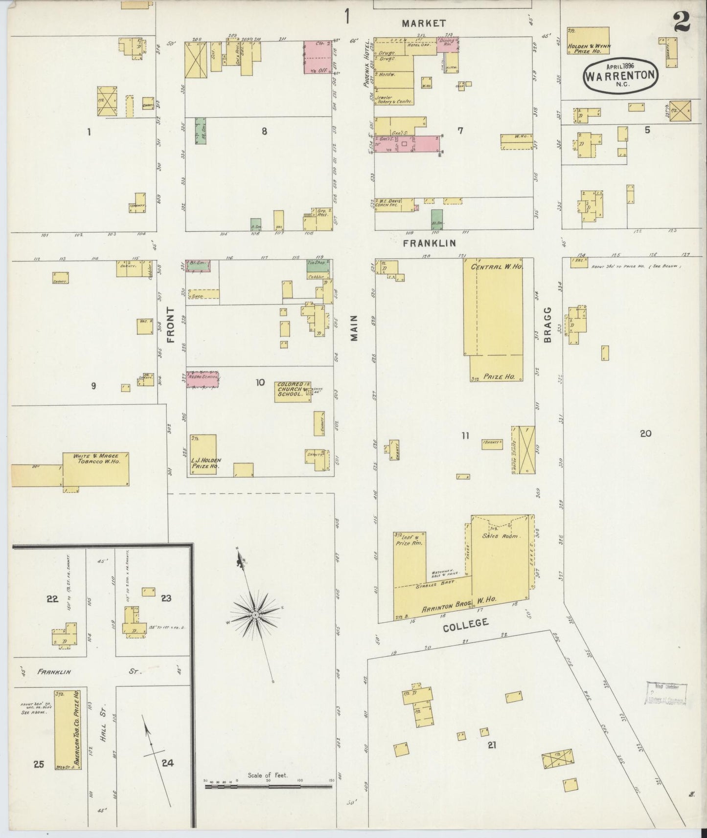 Sanborn Fire Insurance Map from Warrenton, Warren County, North Carolina (1896), Sheet #0002 - Historic Sanborn Fire Insurance Map Print, vintage old map wall art, antique decor, genealogy gift, North Carolina North Carolina map