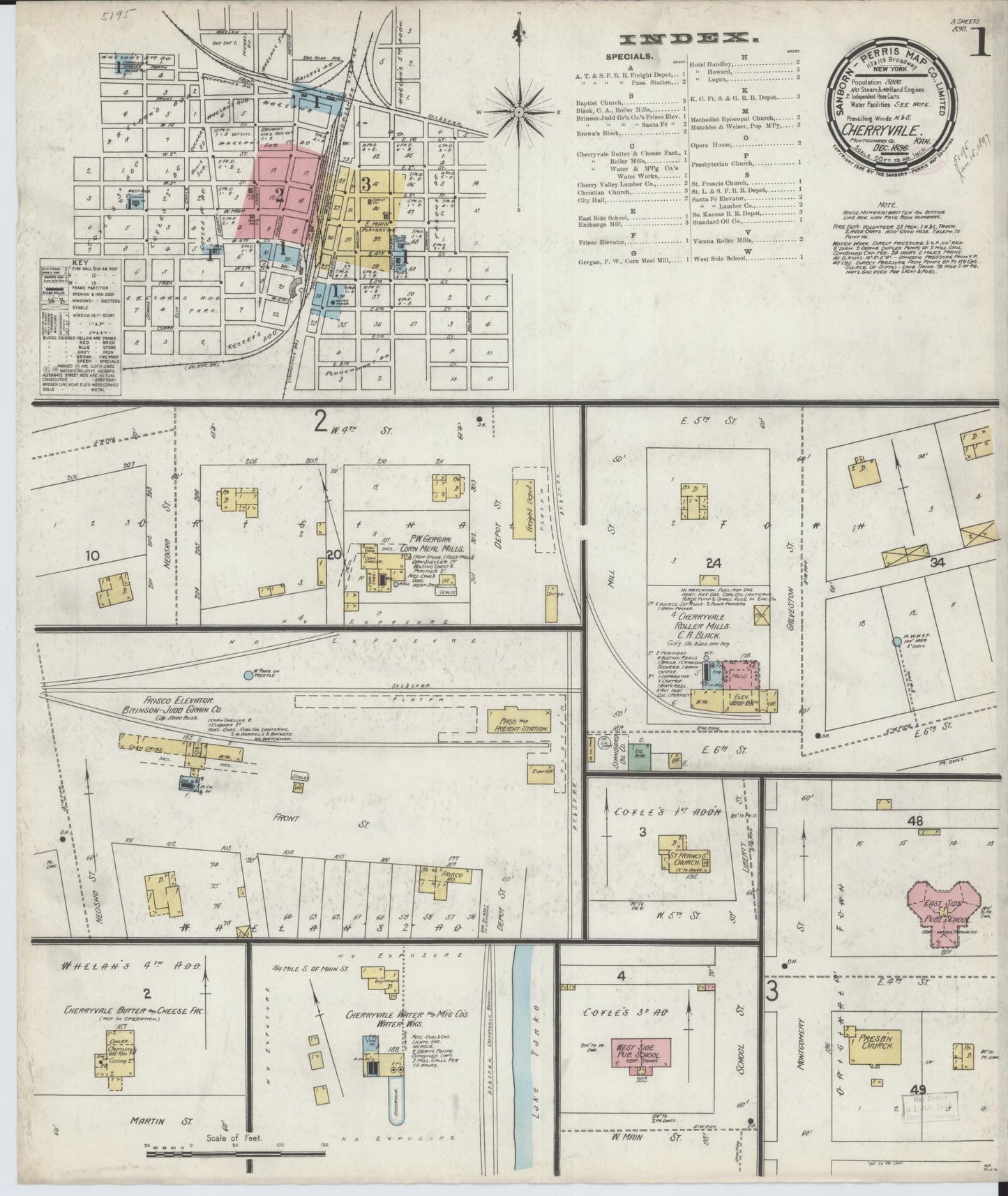 Sanborn Fire Insurance Map from Cherryvale, Montgomery County, Kansas (1896), Sheet #0001 - Historic Sanborn Fire Insurance Map Print, vintage old map wall art, antique decor, genealogy gift, Kansas Kansas map