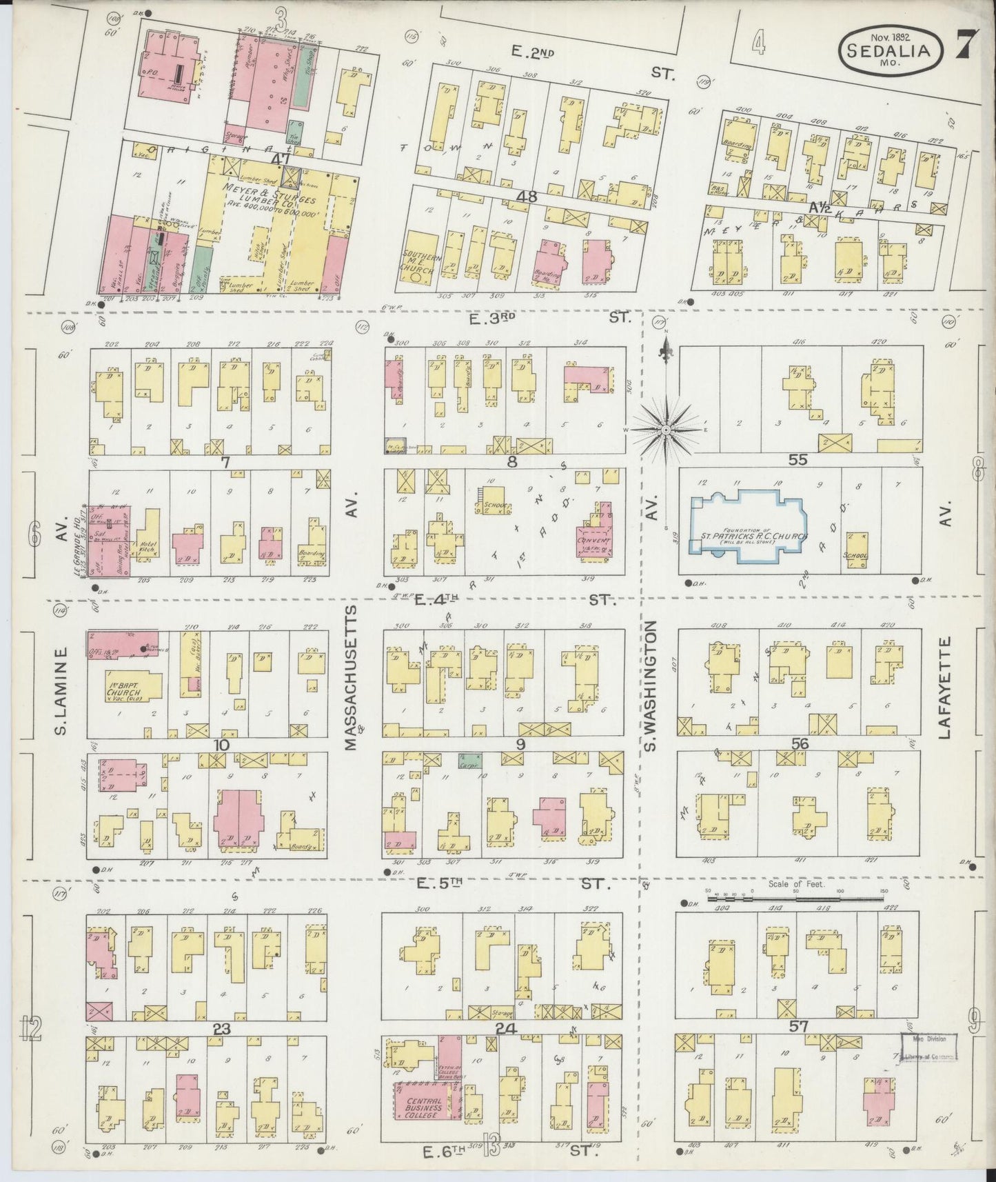 Sanborn Fire Insurance Map from Sedalia, Pettis County, Missouri (1892), Sheet #0007 - Historic Sanborn Fire Insurance Map Print, vintage old map wall art, antique decor, genealogy gift, Missouri Missouri map