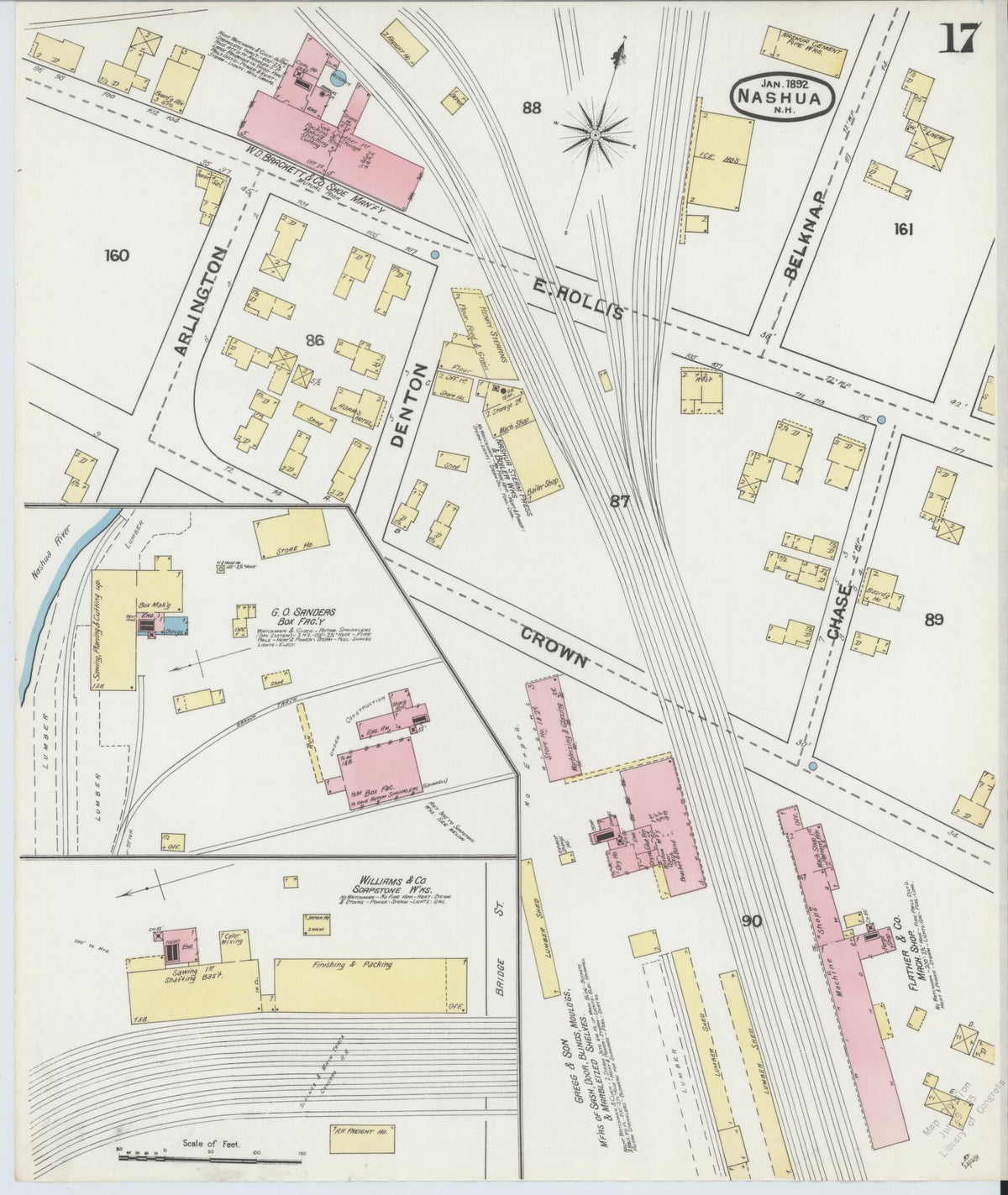 Sanborn Fire Insurance Map from Nashua, Hillsborough County, New Hampshire (1892), Sheet #0017 - Historic Sanborn Fire Insurance Map Print, vintage old map wall art, antique decor, genealogy gift, New Hampshire New Hampshire map