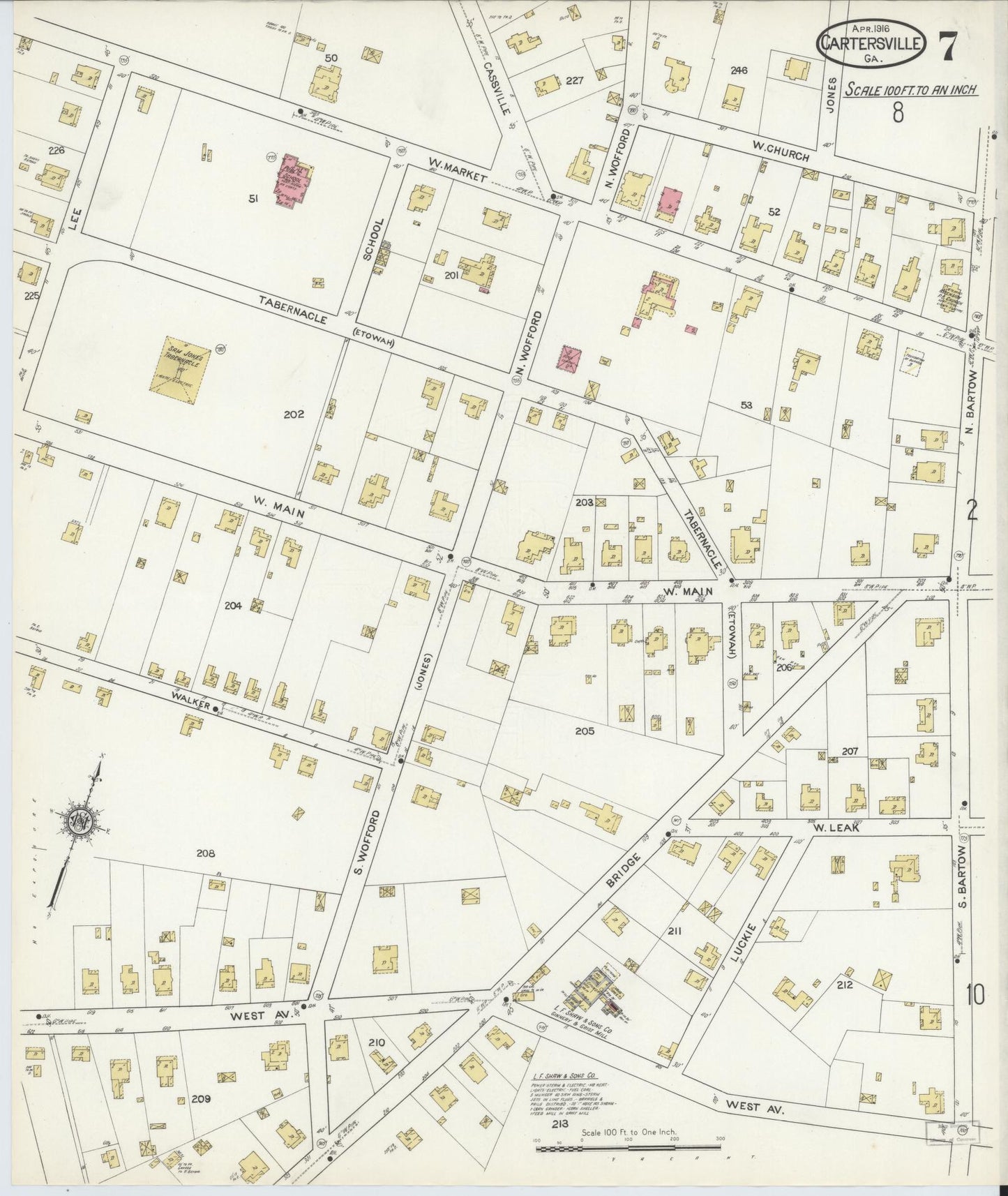 Sanborn Fire Insurance Map from Cartersville, Bartow County, Georgia (1916), Sheet #0007 - Historic Sanborn Fire Insurance Map Print, vintage old map wall art, antique decor, genealogy gift, Georgia Georgia map