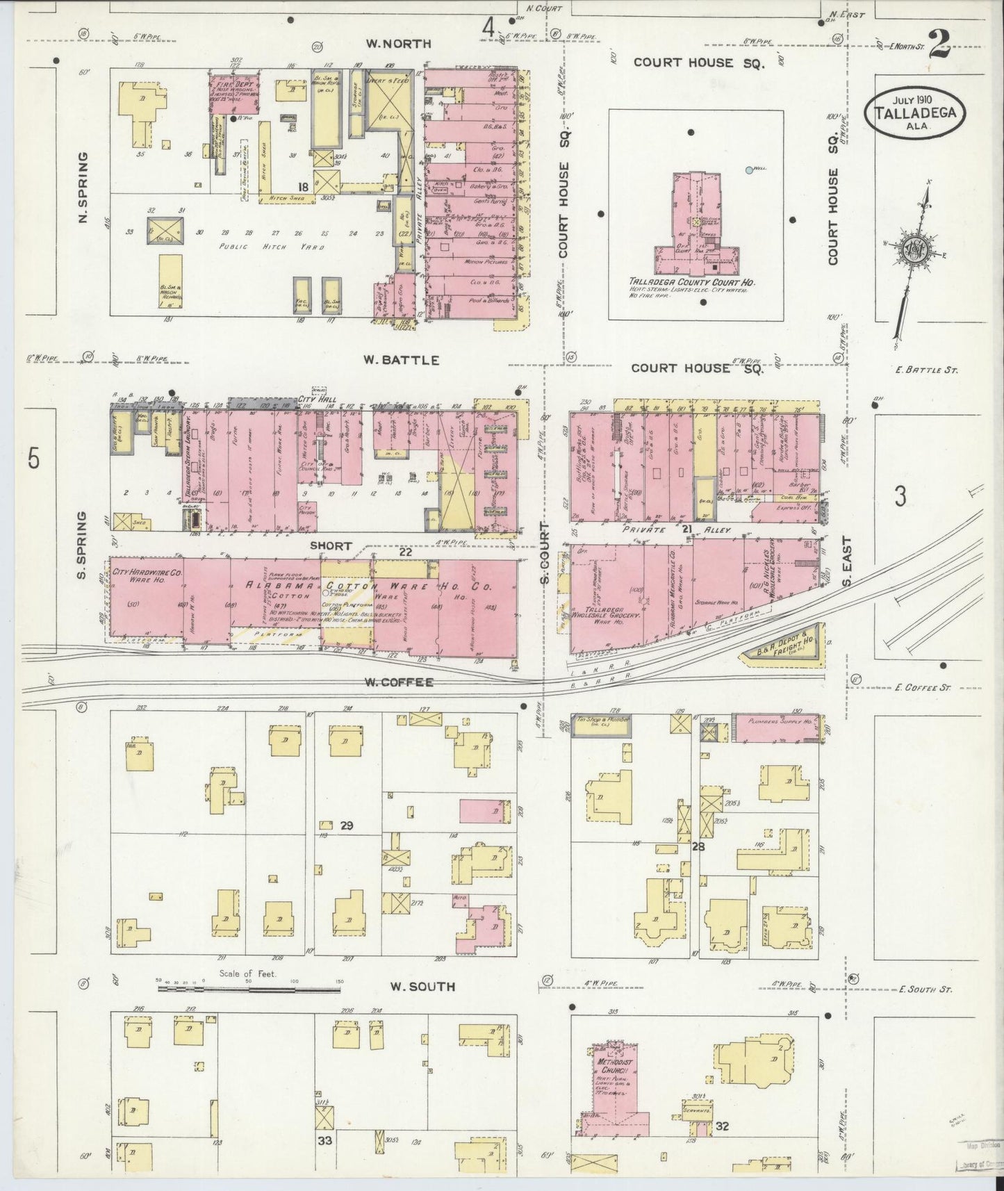 Sanborn Fire Insurance Map from Talladega, Talladega County, Alabama (1910), Sheet #0002 - Historic Sanborn Fire Insurance Map Print, vintage old map wall art, antique decor, genealogy gift, Alabama Alabama map
