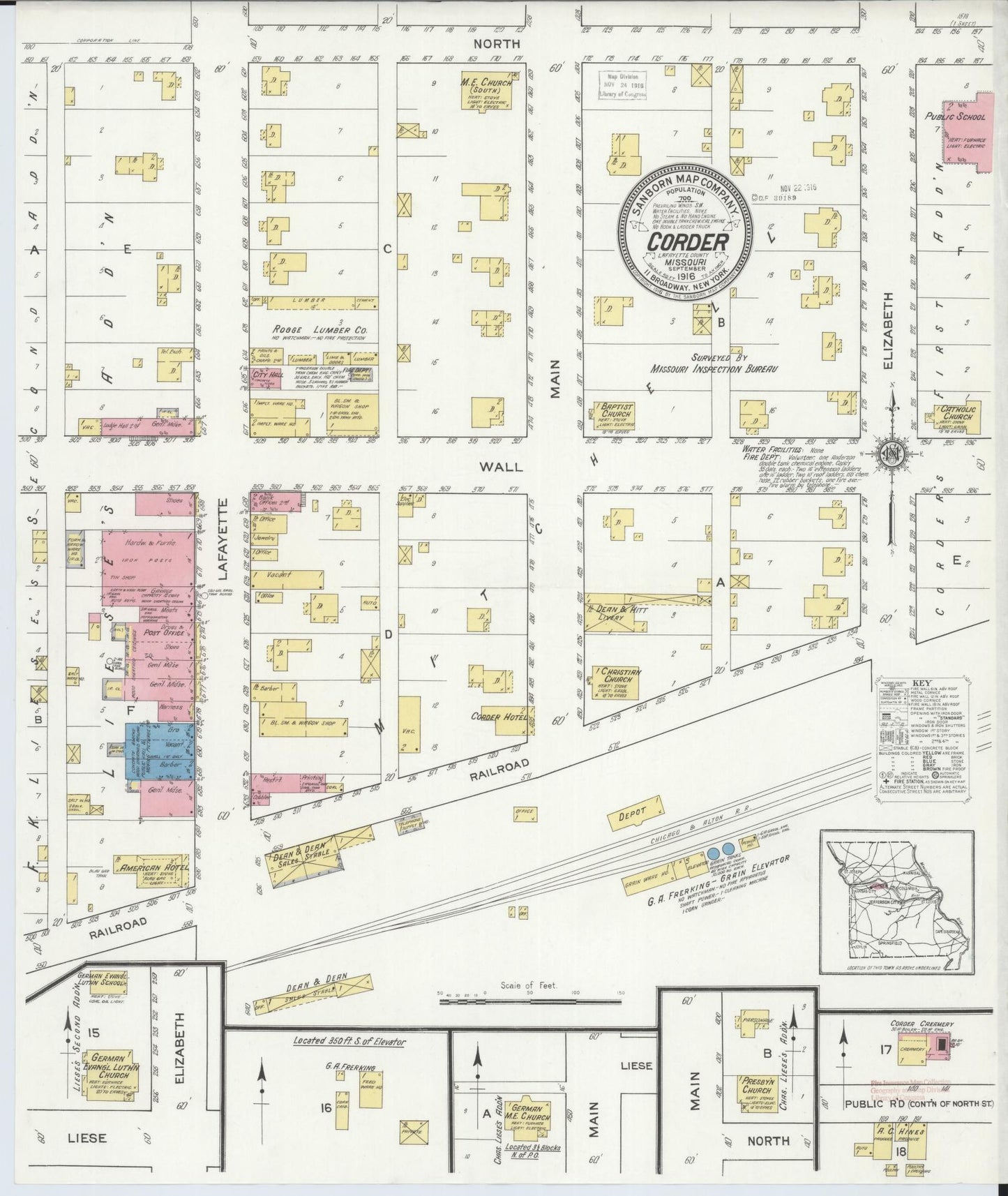 Sanborn Fire Insurance Map from Corder, Lafayette Parish, Missouri (1916), Sheet #0001 - Historic Sanborn Fire Insurance Map Print, vintage old map wall art, antique decor, genealogy gift, Missouri Missouri map