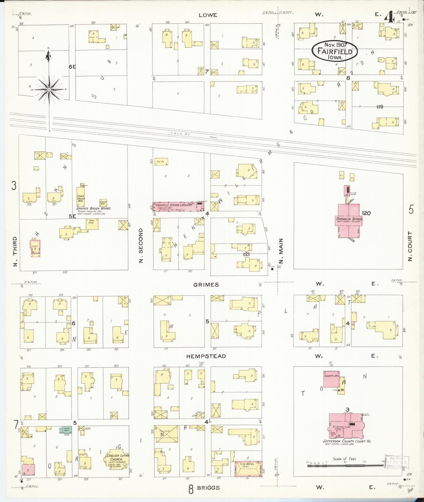 Sanborn Fire Insurance Map from Fairfield, Jefferson County, Iowa (1907), Sheet #0004 - Historic Sanborn Fire Insurance Map Print, vintage old map wall art