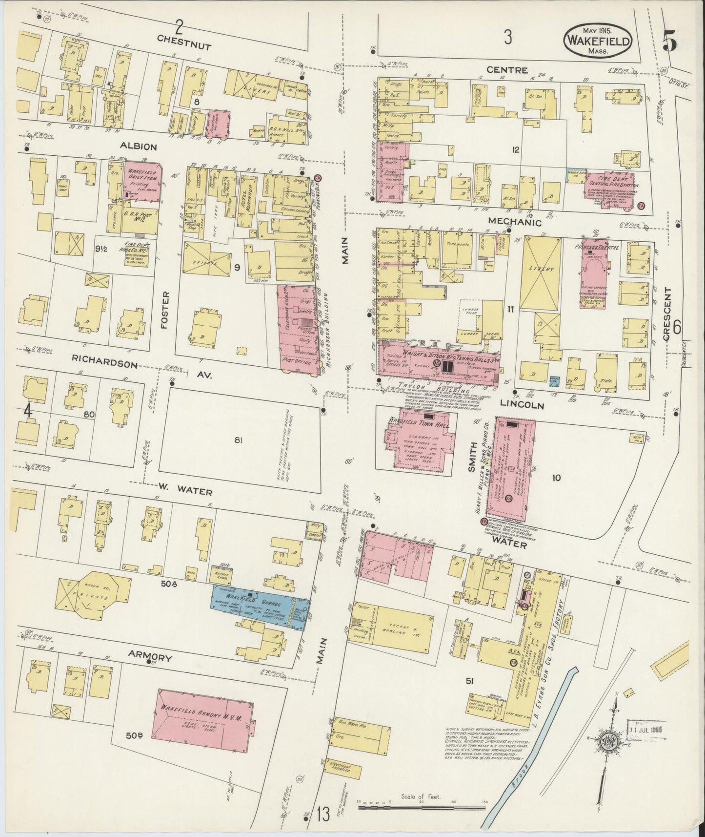 Sanborn Fire Insurance Map from Wakefield, Middlesex County, Massachusetts (1915), Sheet #0005 - Historic Sanborn Fire Insurance Map Print, vintage old map wall art, antique decor, genealogy gift, Massachusetts Massachusetts map