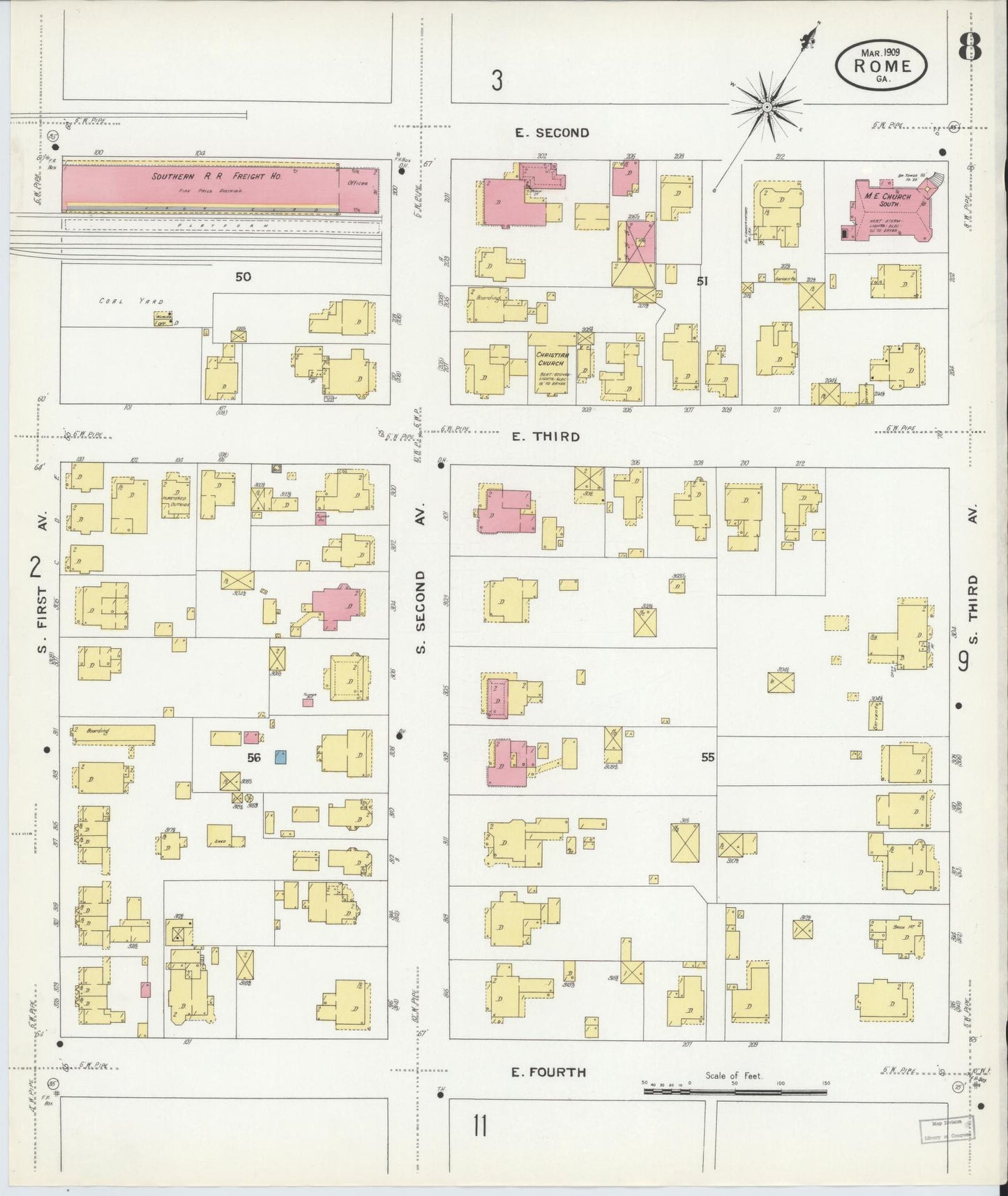 Sanborn Fire Insurance Map from Rome, Floyd County, Georgia (1909), Sheet #0008 - Historic Sanborn Fire Insurance Map Print, vintage old map wall art, antique decor, genealogy gift, Georgia Georgia map