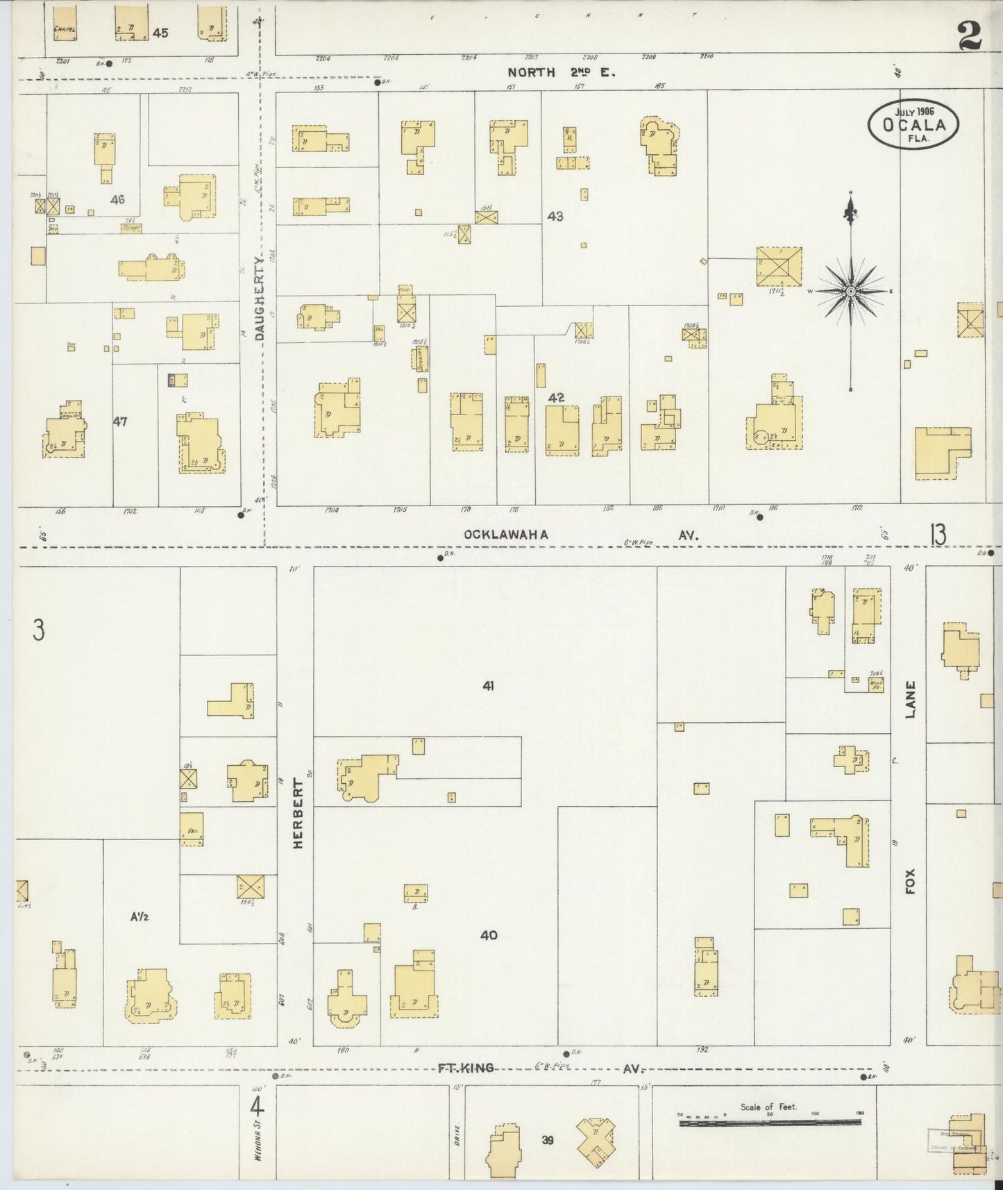 Sanborn Fire Insurance Map from Ocala, Marion County, Florida (1906), Sheet #0002 - Historic Sanborn Fire Insurance Map Print, vintage old map wall art, antique decor, genealogy gift, Florida Florida map