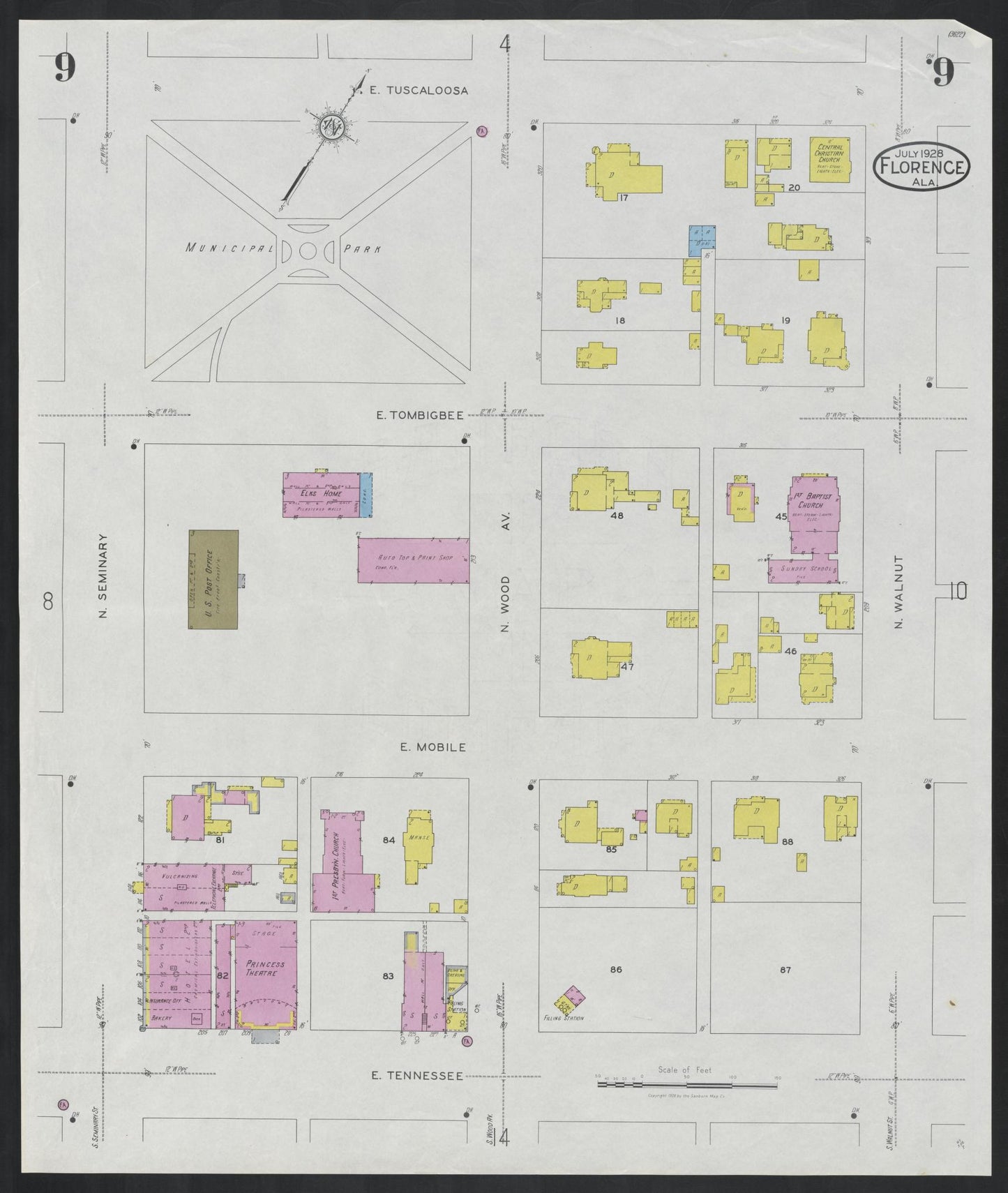 Sanborn Fire Insurance Map from Florence, Lauderdale County, Alabama (1928), Sheet #0009 - Historic Sanborn Fire Insurance Map Print, vintage old map wall art, antique decor, genealogy gift, Alabama Alabama map
