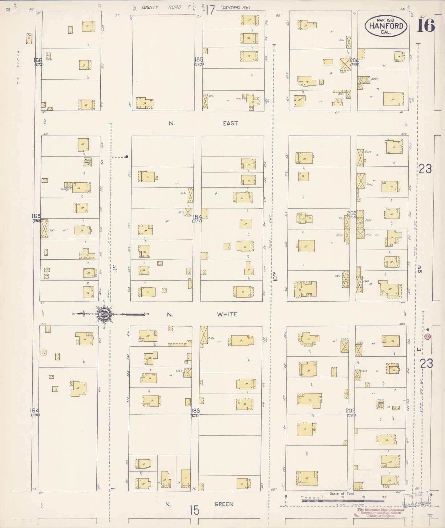 Sanborn Fire Insurance Map from Hanford, Kings County, California (1913), Sheet #0016 - Historic Sanborn Fire Insurance Map Print, vintage old map wall art, antique decor, genealogy gift, California California map