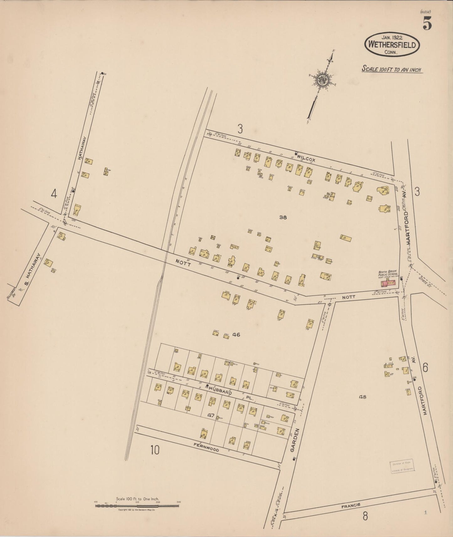 Sanborn Fire Insurance Map from Wethersfield, Hartford County, Connecticut (1922), Sheet #0005 - Historic Sanborn Fire Insurance Map Print, vintage old map wall art, antique decor, genealogy gift, Connecticut Connecticut map