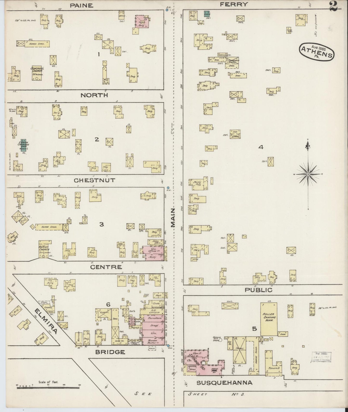 Sanborn Fire Insurance Map from Athens, Bradford County, Pennsylvania (1885), Sheet #0002 - Historic Sanborn Fire Insurance Map Print, vintage old map wall art, antique decor, genealogy gift, Pennsylvania Pennsylvania map