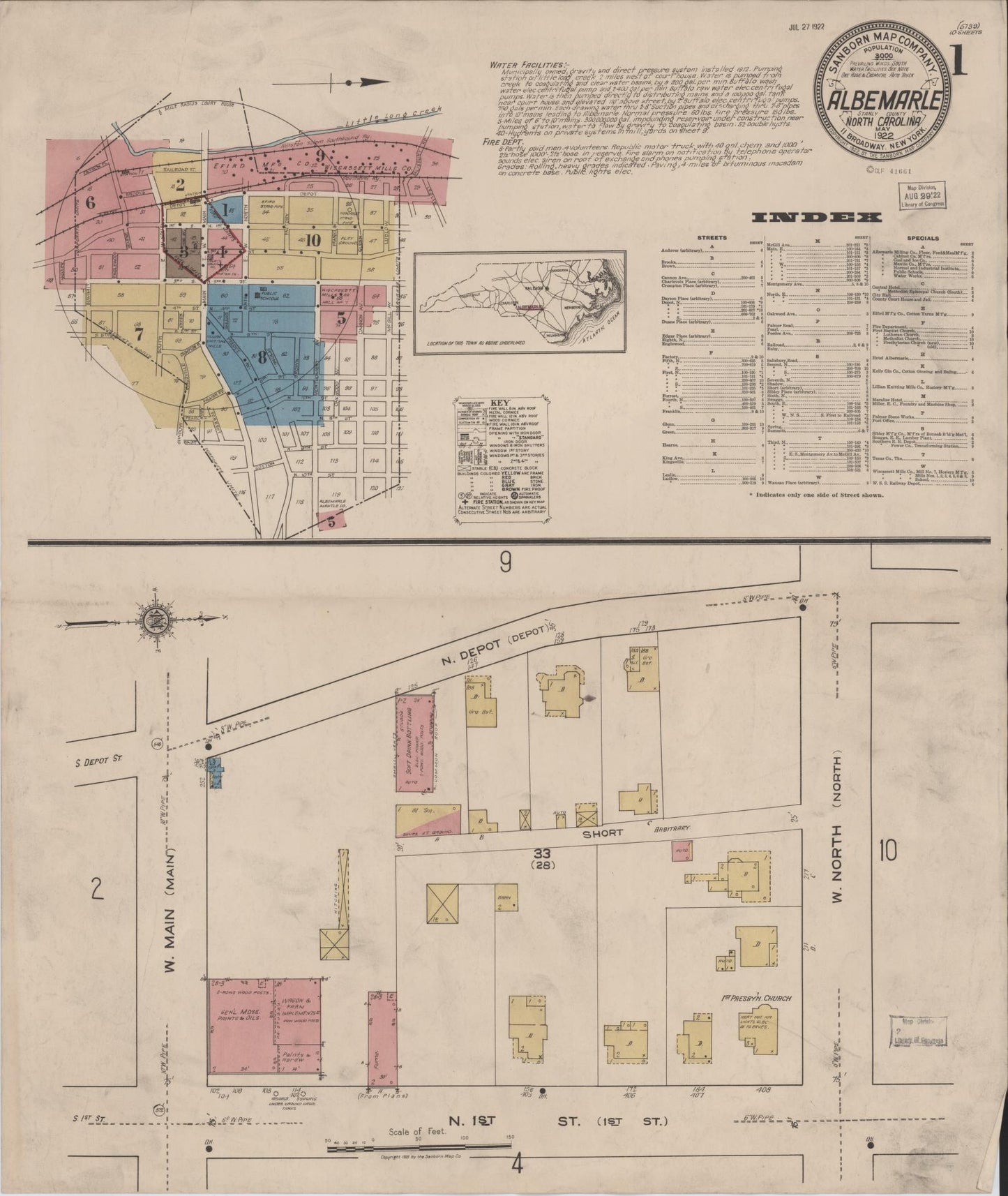 Sanborn Fire Insurance Map from Albemarle, Stanley County, North Carolina (1922), Sheet #0001 - Historic Sanborn Fire Insurance Map Print, vintage old map wall art, antique decor, genealogy gift, North Carolina North Carolina map