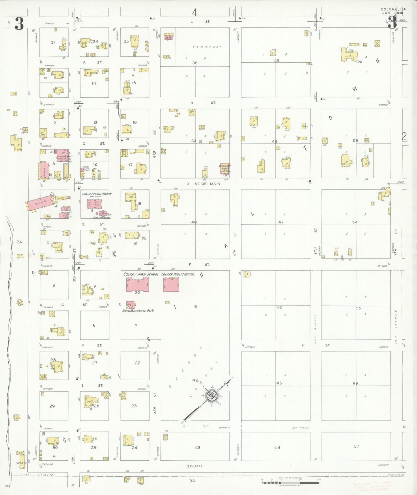 Sanborn Fire Insurance Map from Colfax, Grant Parish, Louisiana (1936), Sheet #0003 - Historic Sanborn Fire Insurance Map Print, vintage old map wall art, antique decor, genealogy gift, Louisiana Louisiana map