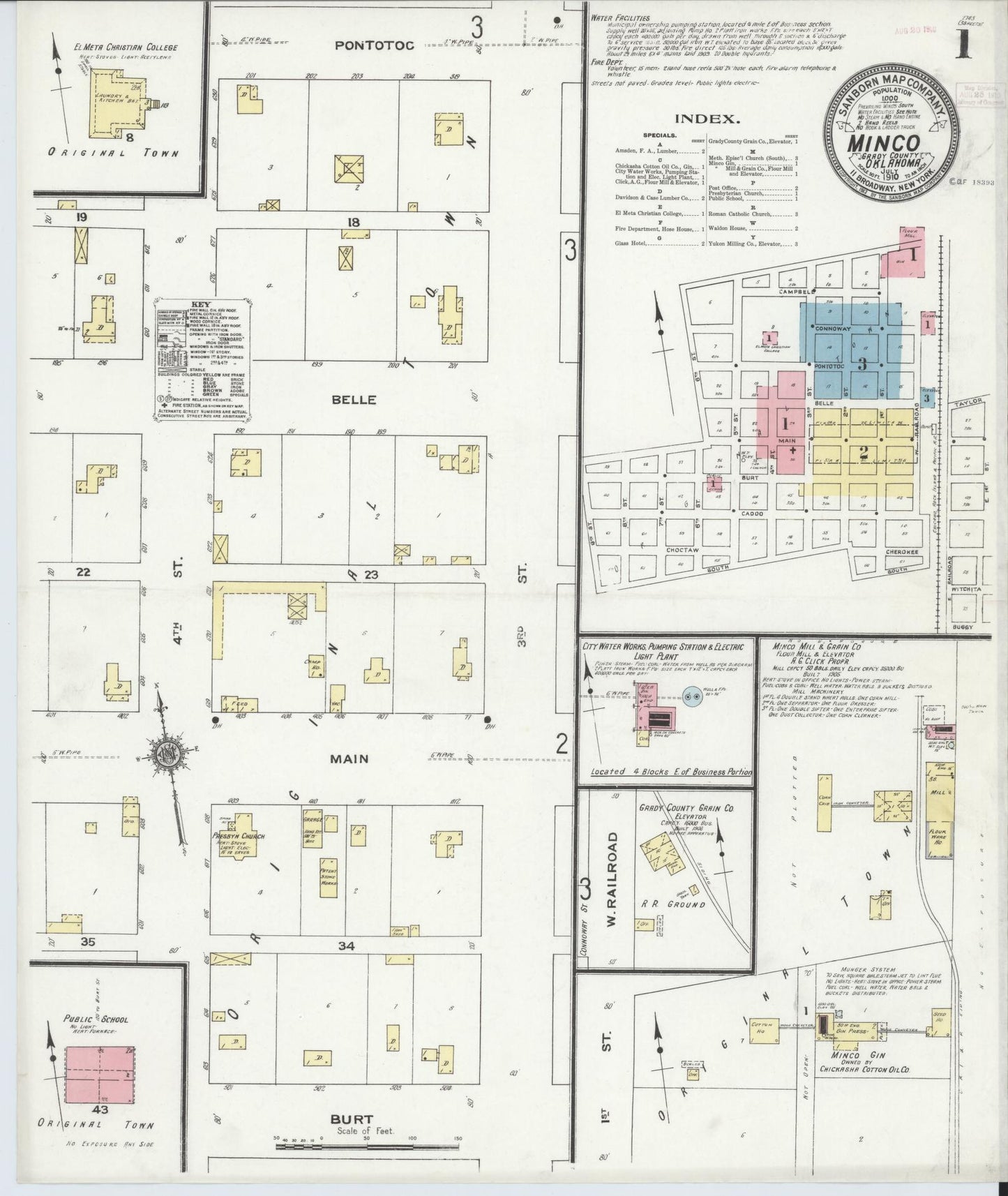 Sanborn Fire Insurance Map from Minco, Grady County, Oklahoma (1910), Sheet #0001 - Historic Sanborn Fire Insurance Map Print, vintage old map wall art, antique decor, genealogy gift, Oklahoma Oklahoma map
