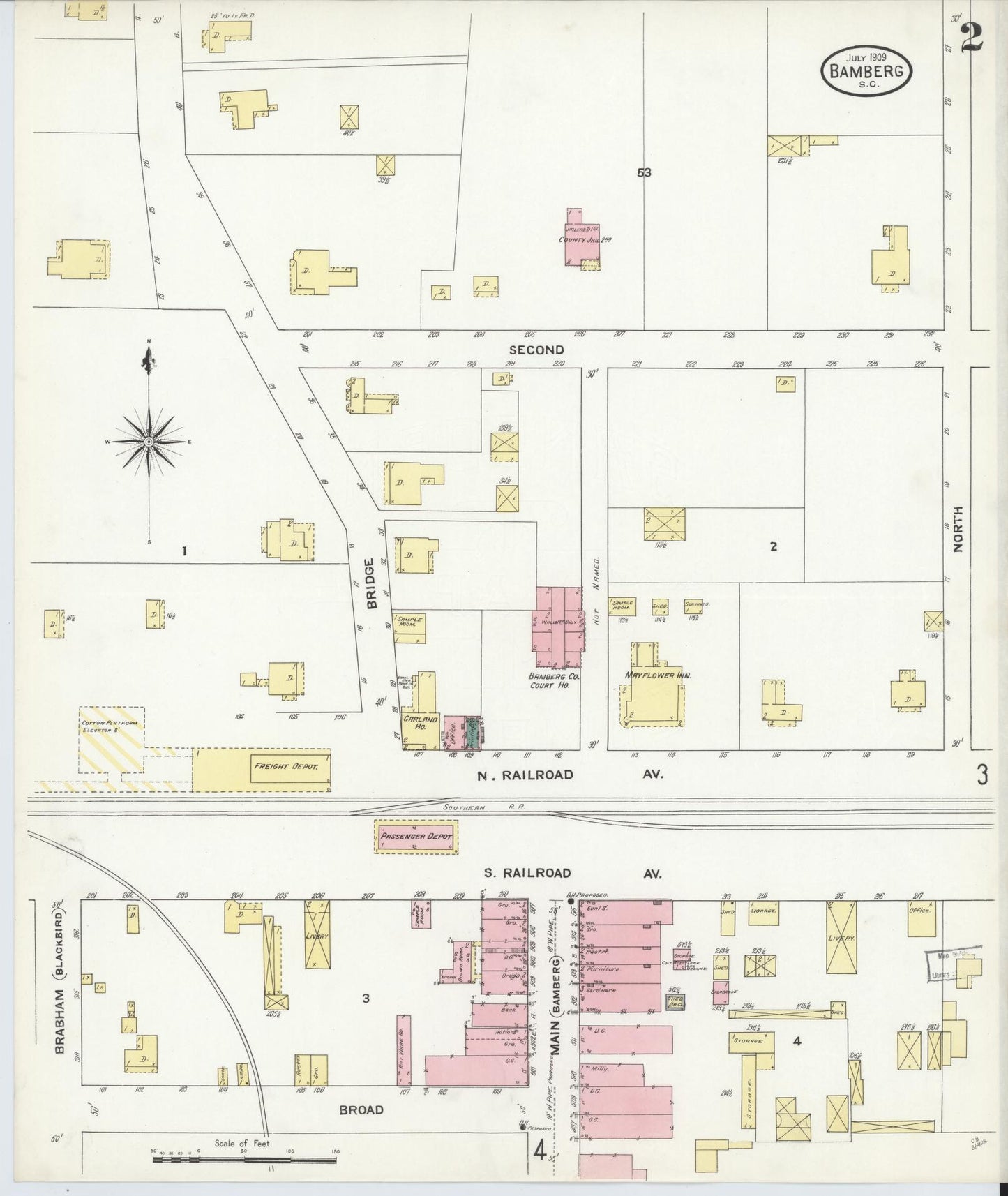 Sanborn Fire Insurance Map from Bamberg, Bamberg County, South Carolina (1909), Sheet #0002 - Historic Sanborn Fire Insurance Map Print, vintage old map wall art, antique decor, genealogy gift, South Carolina South Carolina map