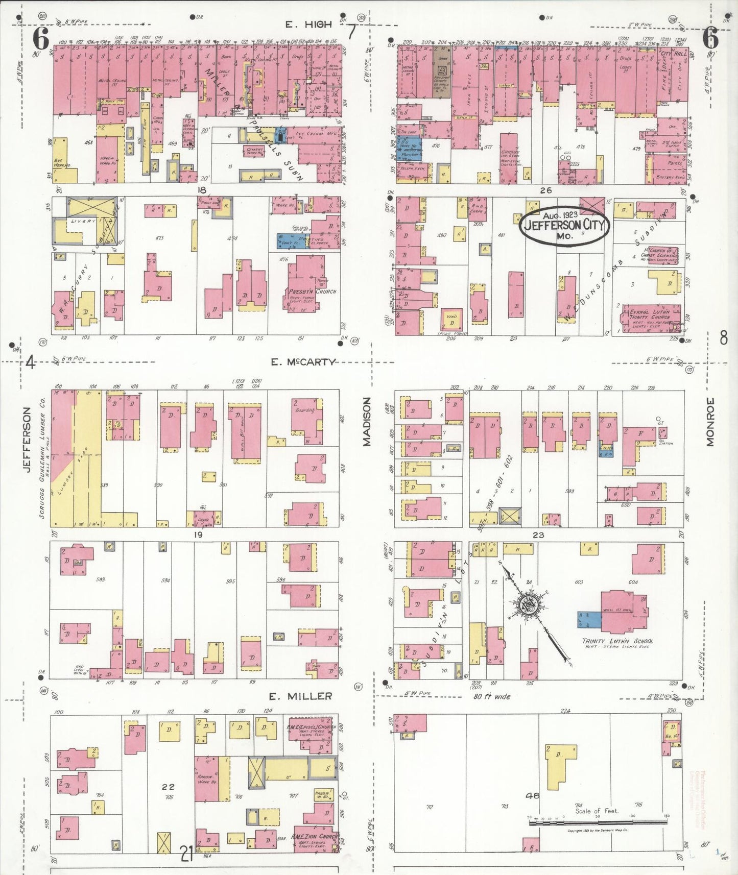 Sanborn Fire Insurance Map from Jefferson City, Cole County, Missouri (1923), Sheet #0006 - Historic Sanborn Fire Insurance Map Print, vintage old map wall art, antique decor, genealogy gift, Missouri Missouri map