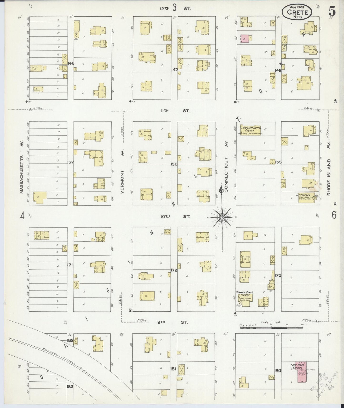 Sanborn Fire Insurance Map from Crete, Saline County, Nebraska (1909), Sheet #0005 - Historic Sanborn Fire Insurance Map Print, vintage old map wall art, antique decor, genealogy gift, Nebraska Nebraska map