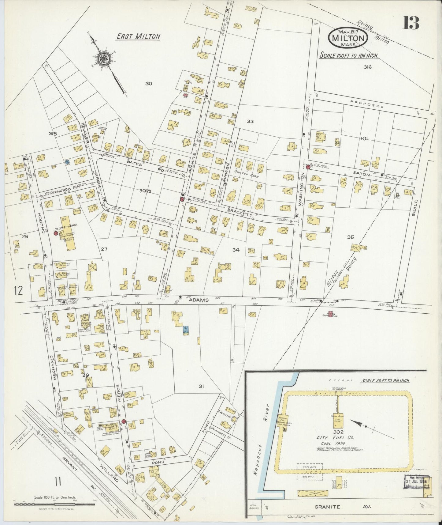 Sanborn Fire Insurance Map from Milton, Norfolk County, Massachusetts (1917), Sheet #0013 - Historic Sanborn Fire Insurance Map Print, vintage old map wall art, antique decor, genealogy gift, Massachusetts Massachusetts map
