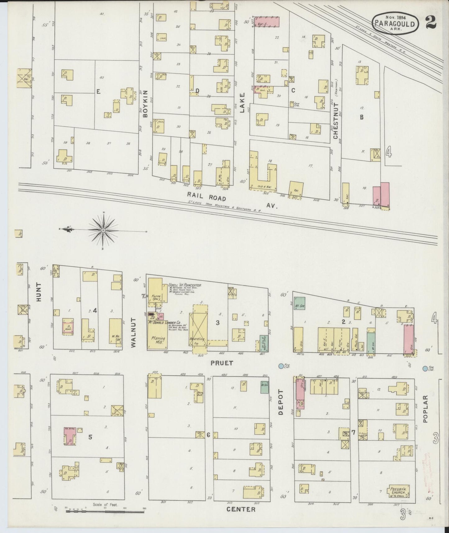 Sanborn Fire Insurance Map from Paragould, Greene County, Arkansas (1894), Sheet #0002 - Historic Sanborn Fire Insurance Map Print, vintage old map wall art, antique decor, genealogy gift, Arkansas Arkansas map