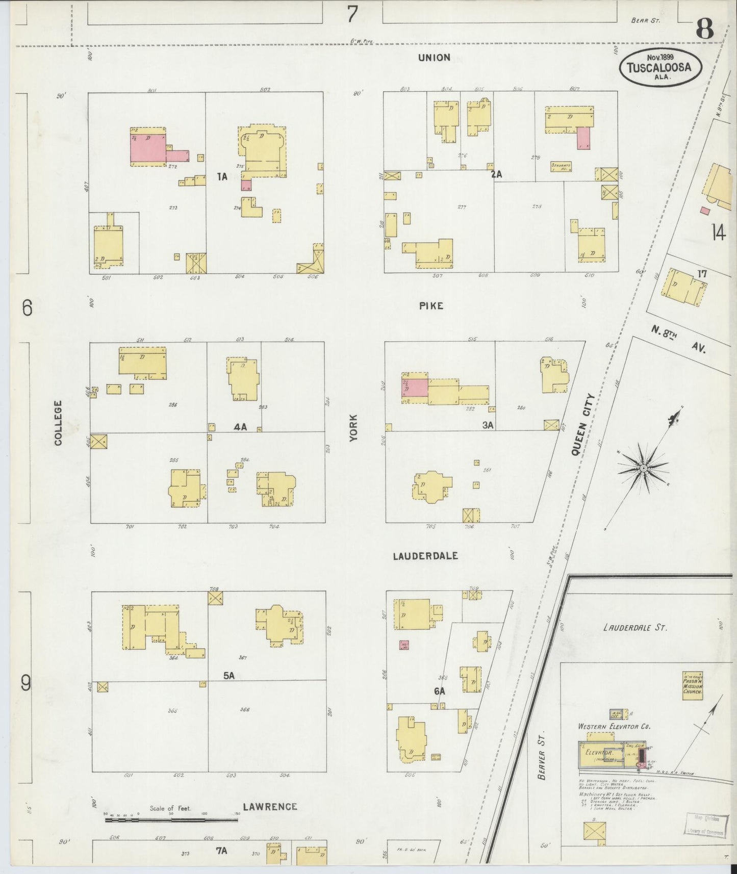 Sanborn Fire Insurance Map from Tuscaloosa, Tuscaloosa County, Alabama (1899), Sheet #0008 - Historic Sanborn Fire Insurance Map Print, vintage old map wall art, antique decor, genealogy gift, Alabama Alabama map
